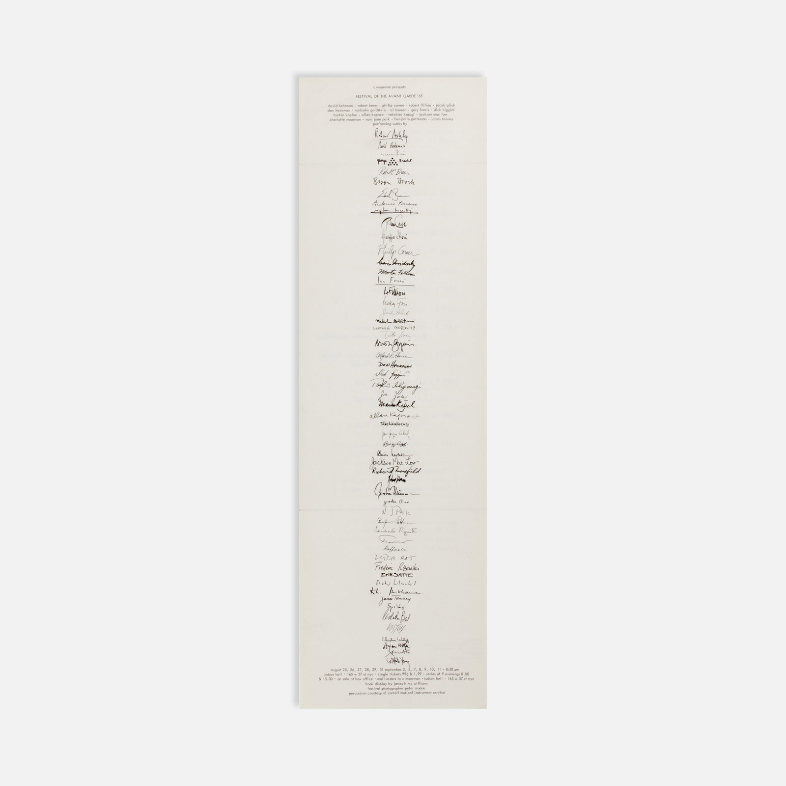 3rd Annual Avant Garde Festival of New York, Poster: New York, 1965 25" x 7 1/2" offset print Poster for the 3rd Annual New York Avant Garde Festival, September 7–11, 1965, at Judson Hall, founded and directed by Charlotte Moorman. The festival presen