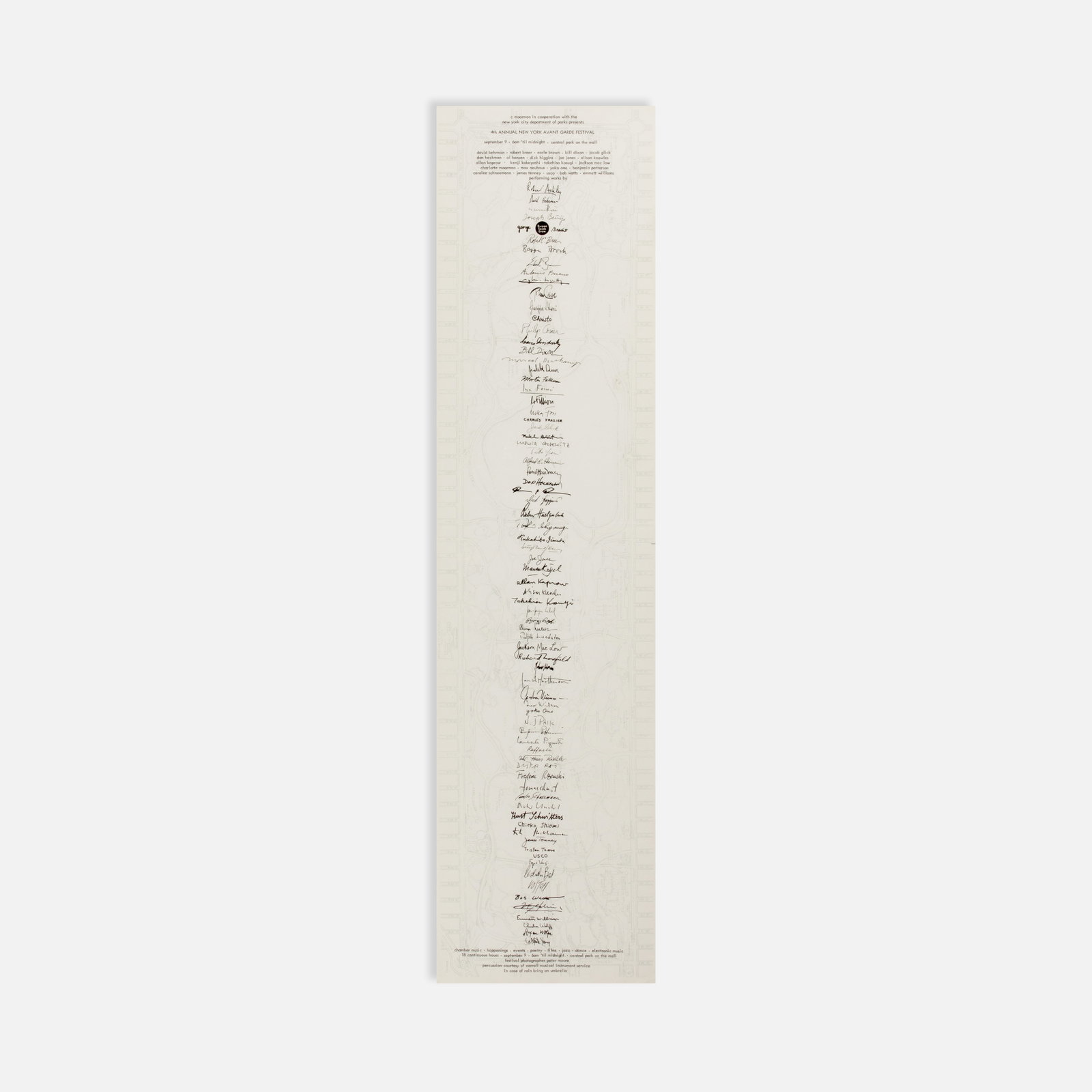 4th Annual Avant Garde Festival of New York, Poster: New York, 1966 28 3/4" x 7 1/8" offset print Promotional poster for the 4th Annual New York Avant Garde Festival, directed by Charlotte Moorman, presenting eighteen continuous hours of chamber music, 