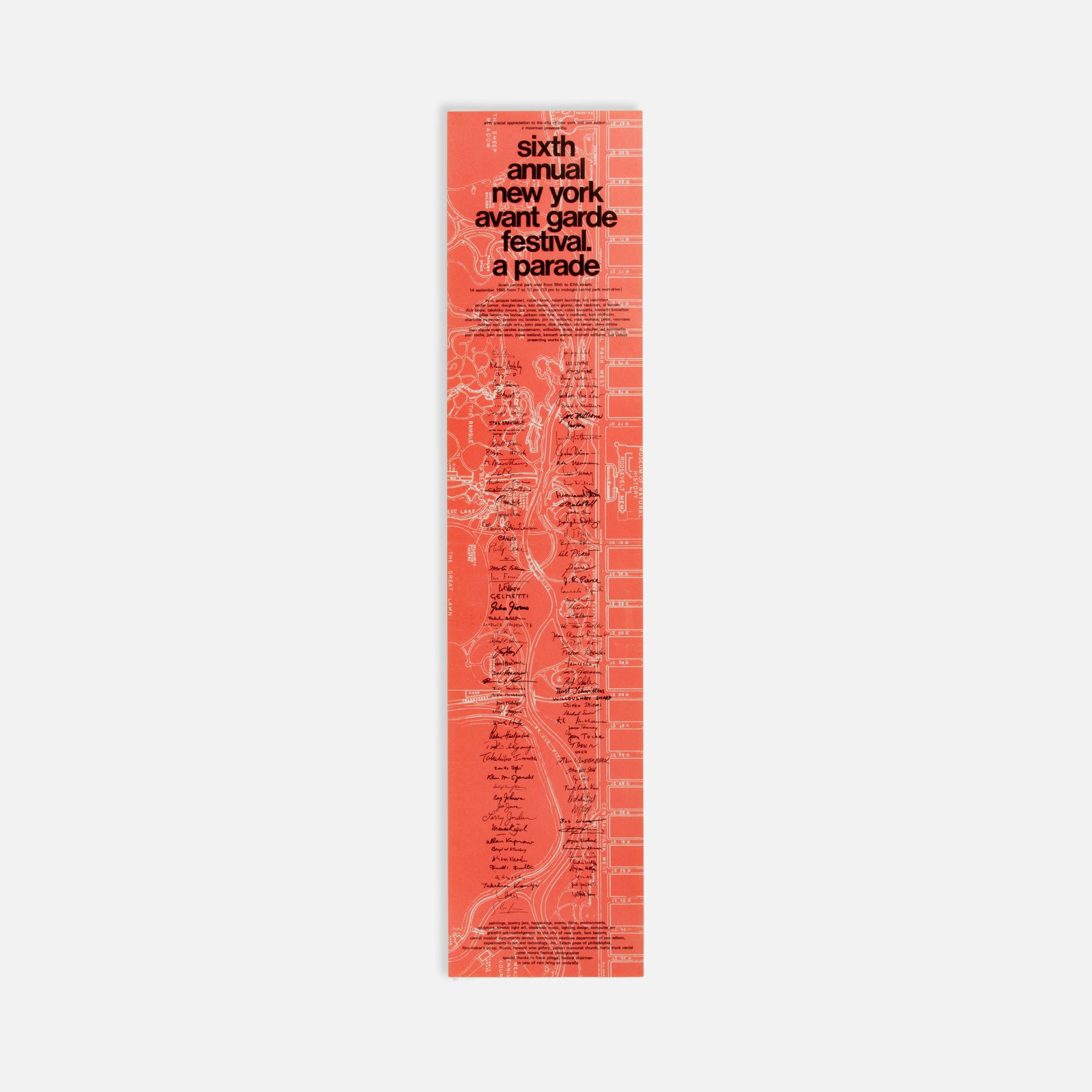 6th Annual Avant Garde Festival of New York, Poster: New York, 1968 30" x 7" offset print Promotional poster for the 6th Annual Avant Garde Festival of New York, held in Central Park on September 14, 1968, and organized by Charlotte Moorman. The poster