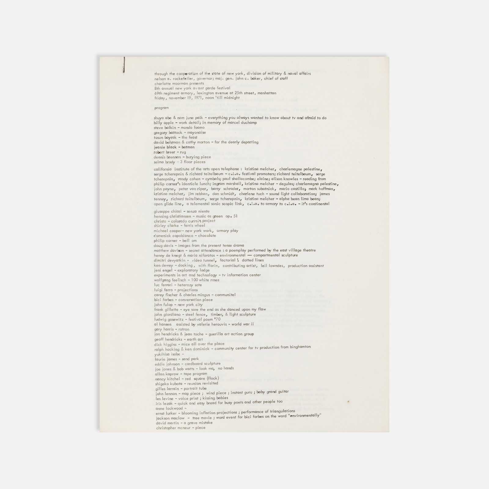 8th Annual Avant Garde Festival of New York, Program: New York, 1971 11" x 8 1/2" offset print Program for the 8th Annual Avant Garde Festival of New York, held at the 69th Regiment Armory on November 19, 1971, and organized by Charlotte Moorman. Corner