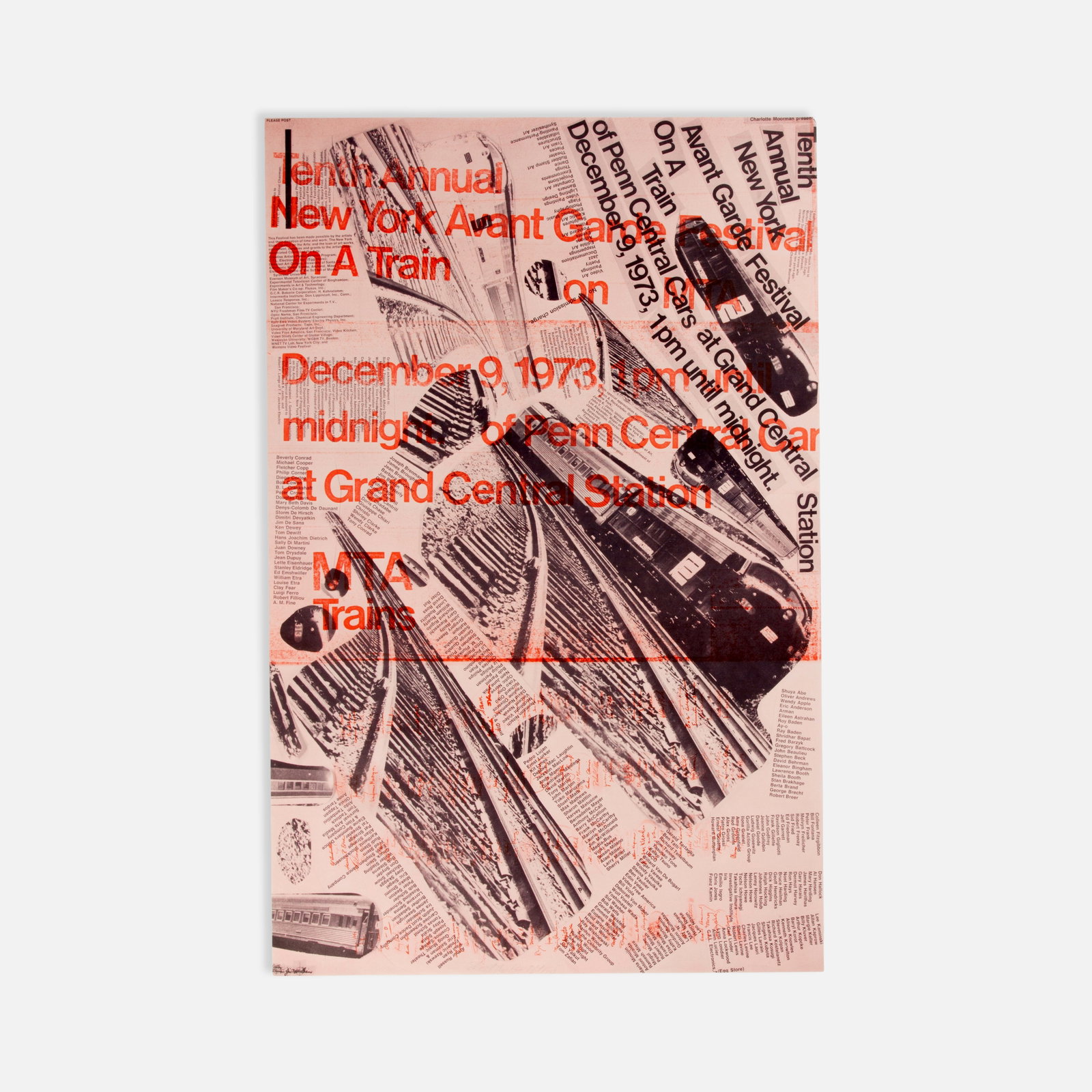 10th Annual Avant Garde Festival of New York, Poster: New York, 1973 34" x 22" offset print Poster for the 10th Annual Avant Garde Festival of New York at Grand Central Terminal, December 1973, directed by Charlotte Moorman. Designed by Jim McWilliams,