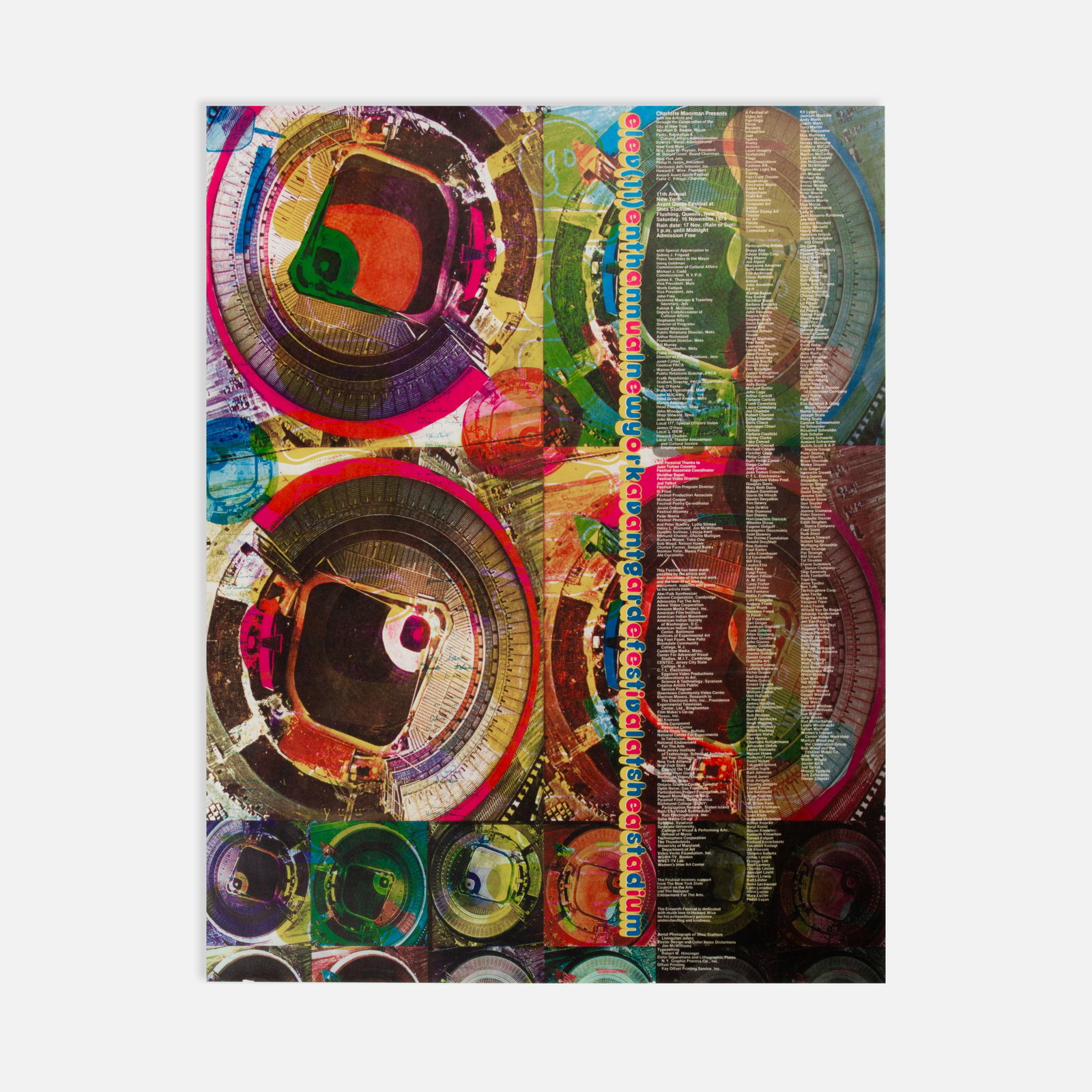11th Annual Avant Garde Festival of New York, Poster: New York, 1974 28 1/2" x 22" offset print Poster for the 11th Annual New York Avant Garde Festival at Shea Stadium, Flushing, Queens, November 16, 1974, presented by Charlotte Moorman. Designed by
