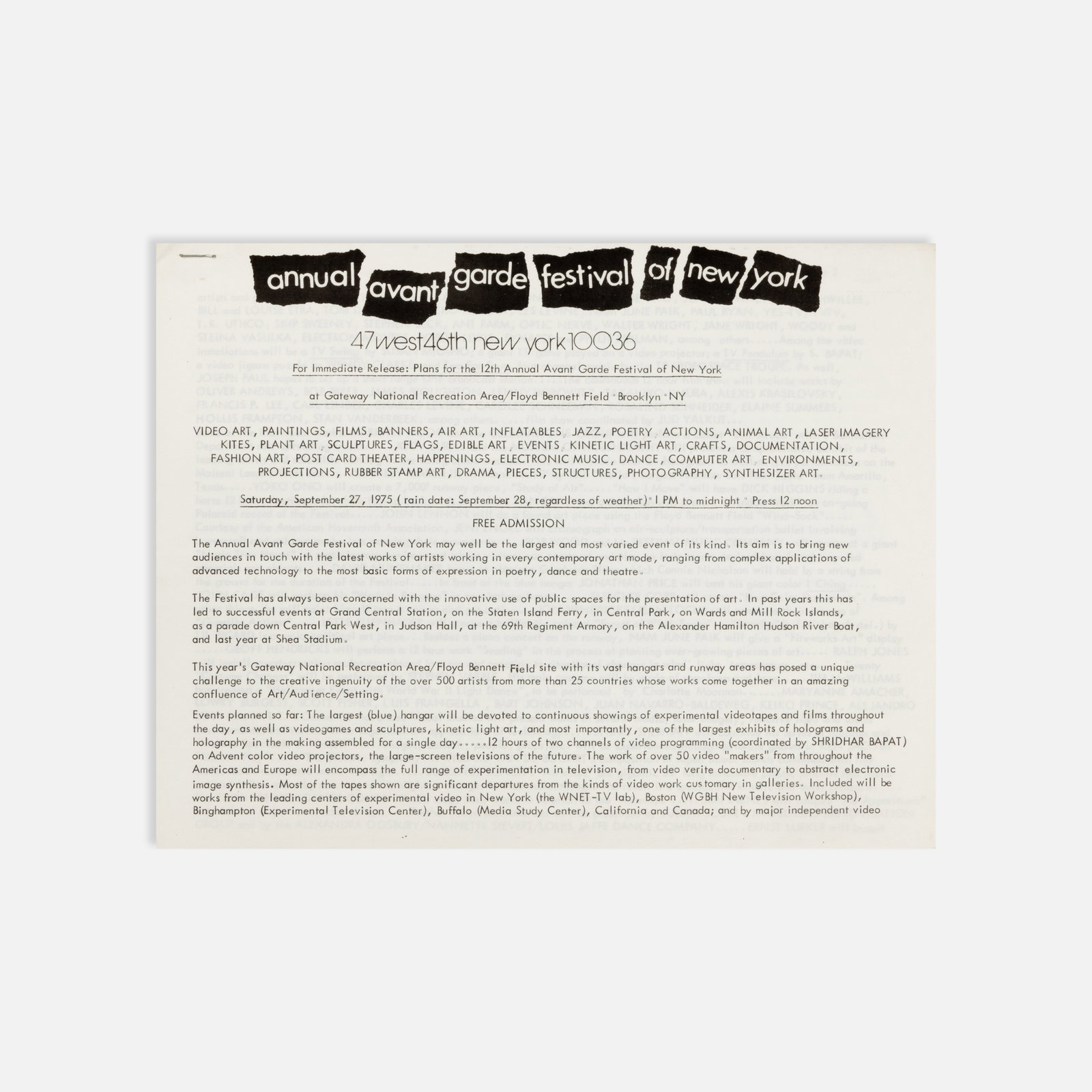12th Annual Avant Garde Festival of New York, Press Release: New York, 1975 11" x 8 1/2" offset print on Annual Avant Garde Festival of New York letterhead Press release for the 12th Annual Avant Garde Festival of New York, held at Gateway National Recreation