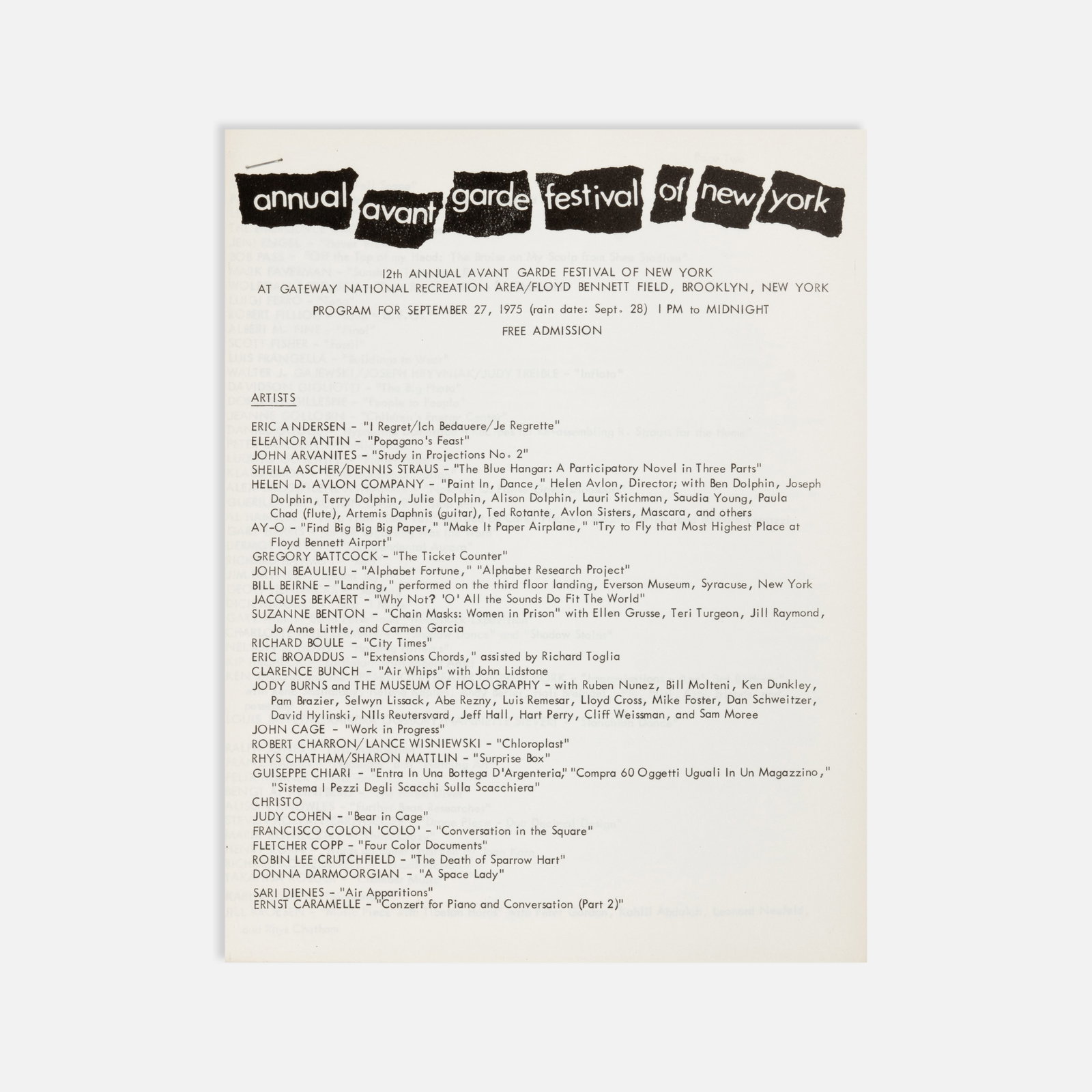 12th Annual Avant Garde Festival of New York, Program: New York, 1975 11" x 8 1/2" offset print on Annual Avant Garde Festival of New York letterhead Program for the 12th Annual Avant Garde Festival of New York at Gateway National Recreation Area / Floyd