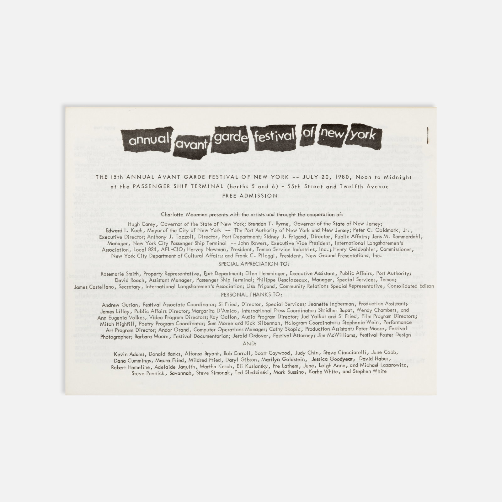 15th Annual Avant Garde Festival of New York, Program: New York, 1980 11" x 8 1/2" offset print on Annual Avant Garde Festival of New York letterhead Program for the 15th Annual Avant Garde Festival of New York at the Passenger Ship Terminal, July 20,