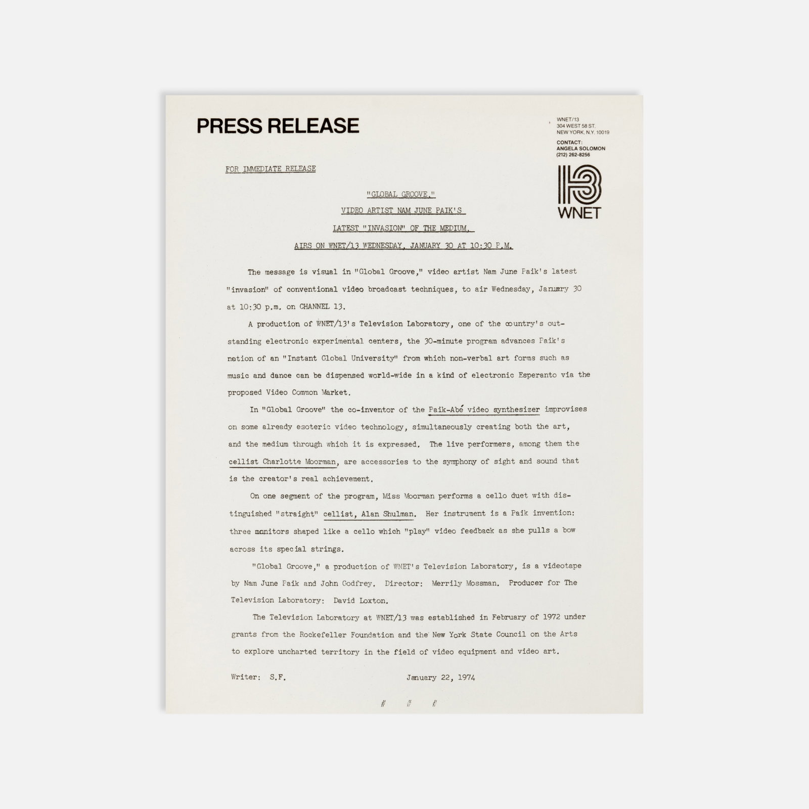 Nam June Paik, et al., Global Groove, Press Release: New York, 1974 11" x 8 1/2" offset print January 22, 1974 press release announcing the production and airing of Nam June Paik’s Global Groove on WNET/13, January 30 at 10:30 p.m. The video featured
