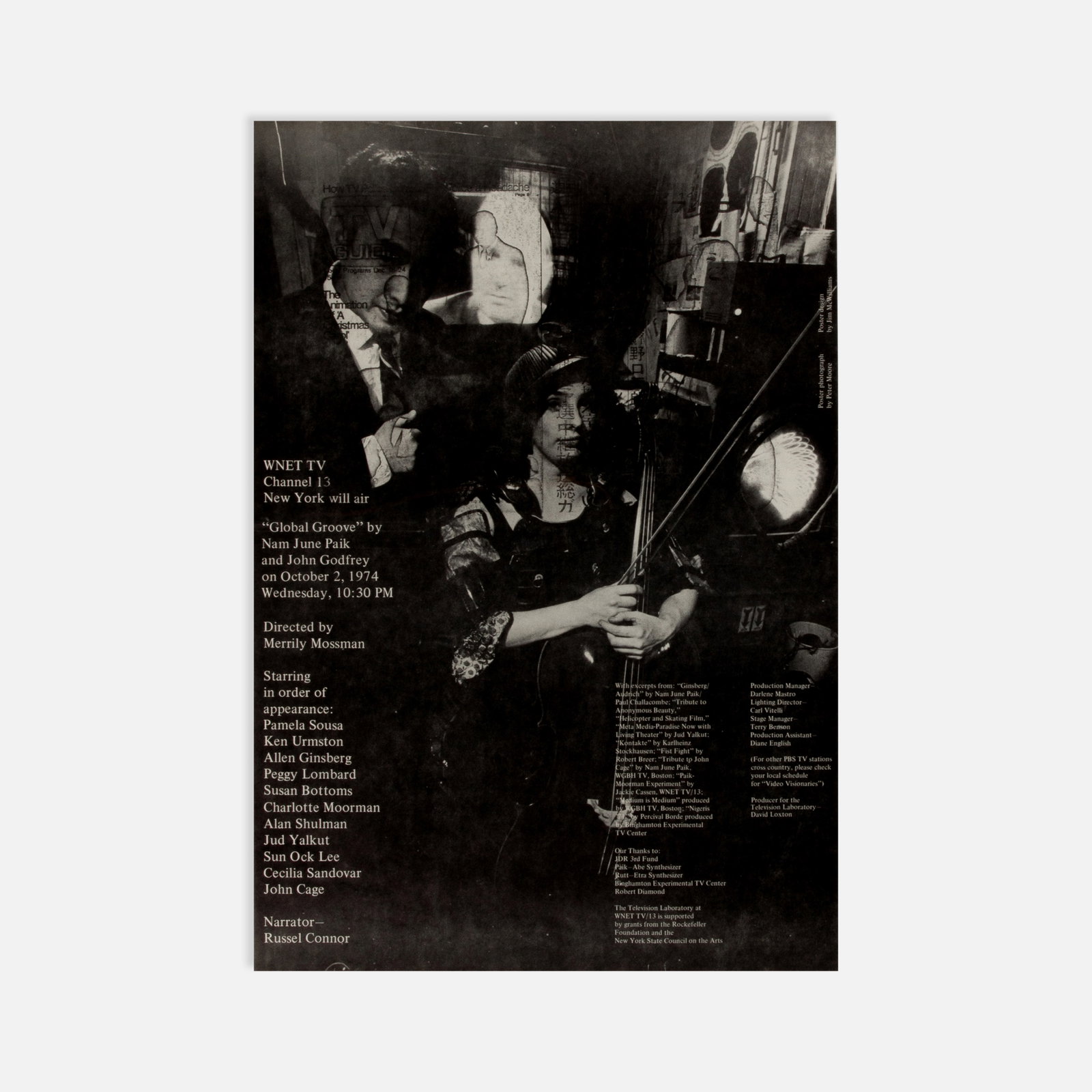 Nam June Paik, et al., Global Groove, Poster: New York, 1974 18 3/4" x 12 7/8" offset lithograph Announcement poster for the airing of Global Groove by Nam June Paik and John Godfrey on WNET TV, October 2, 1974. Design associated with Jim
