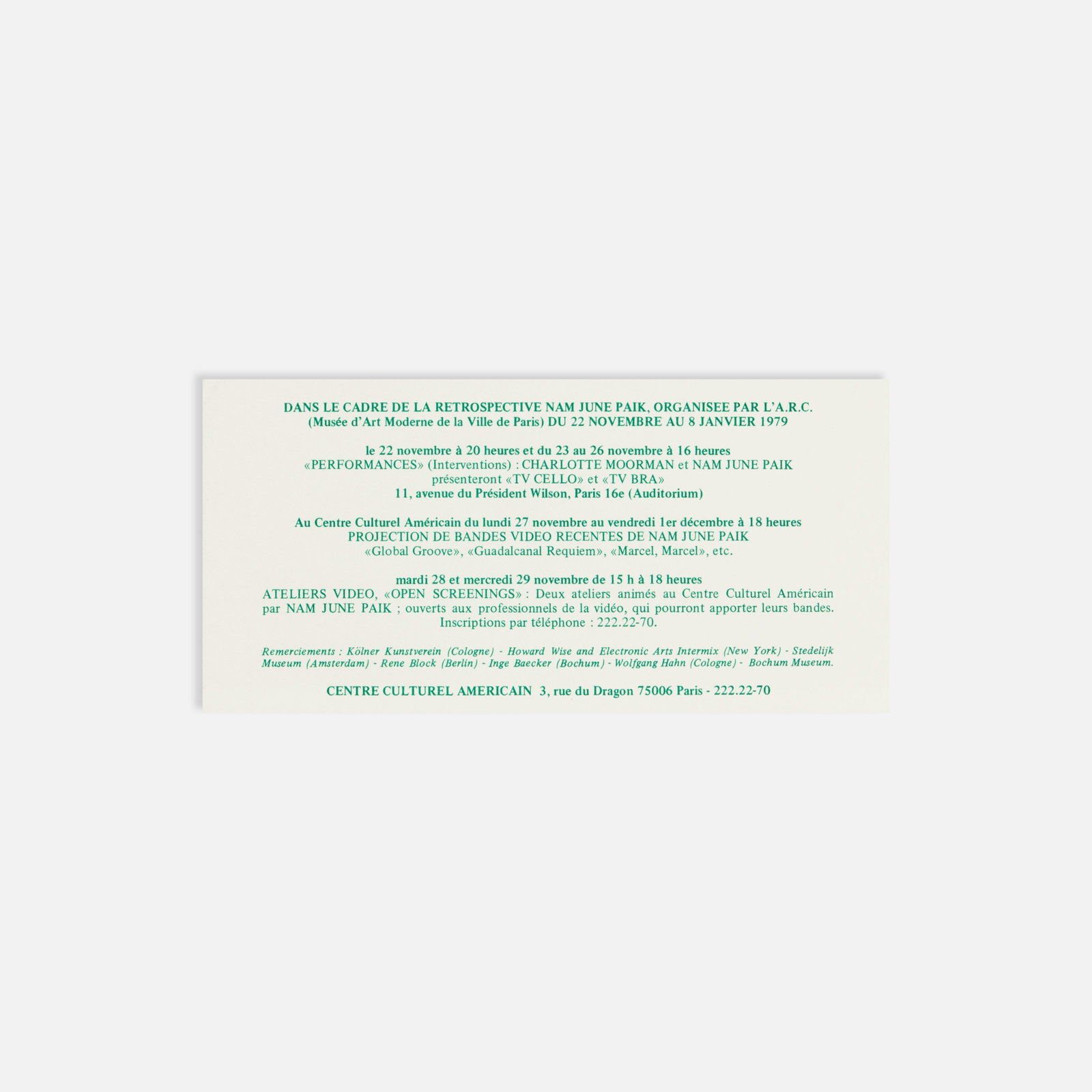Dans Le Cadre de la Retrospective Nam June Paik, Centre Culturel Americain, Schedule (1 of 1)