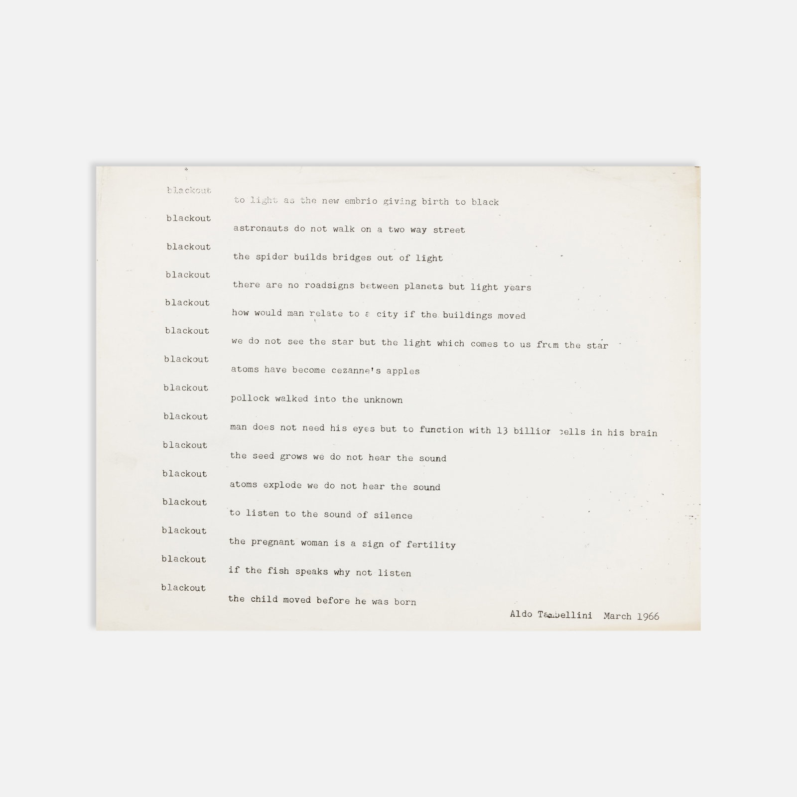Aldo Tambellini, Blackout, Flyer: n.p., 1965 11" x 8 1/2" offset print Flyer promoting Aldo Tambellini’s 1965 short film Blackout, described as rapid cuts of white forms on a black background with an equally abstract soundtrack.
