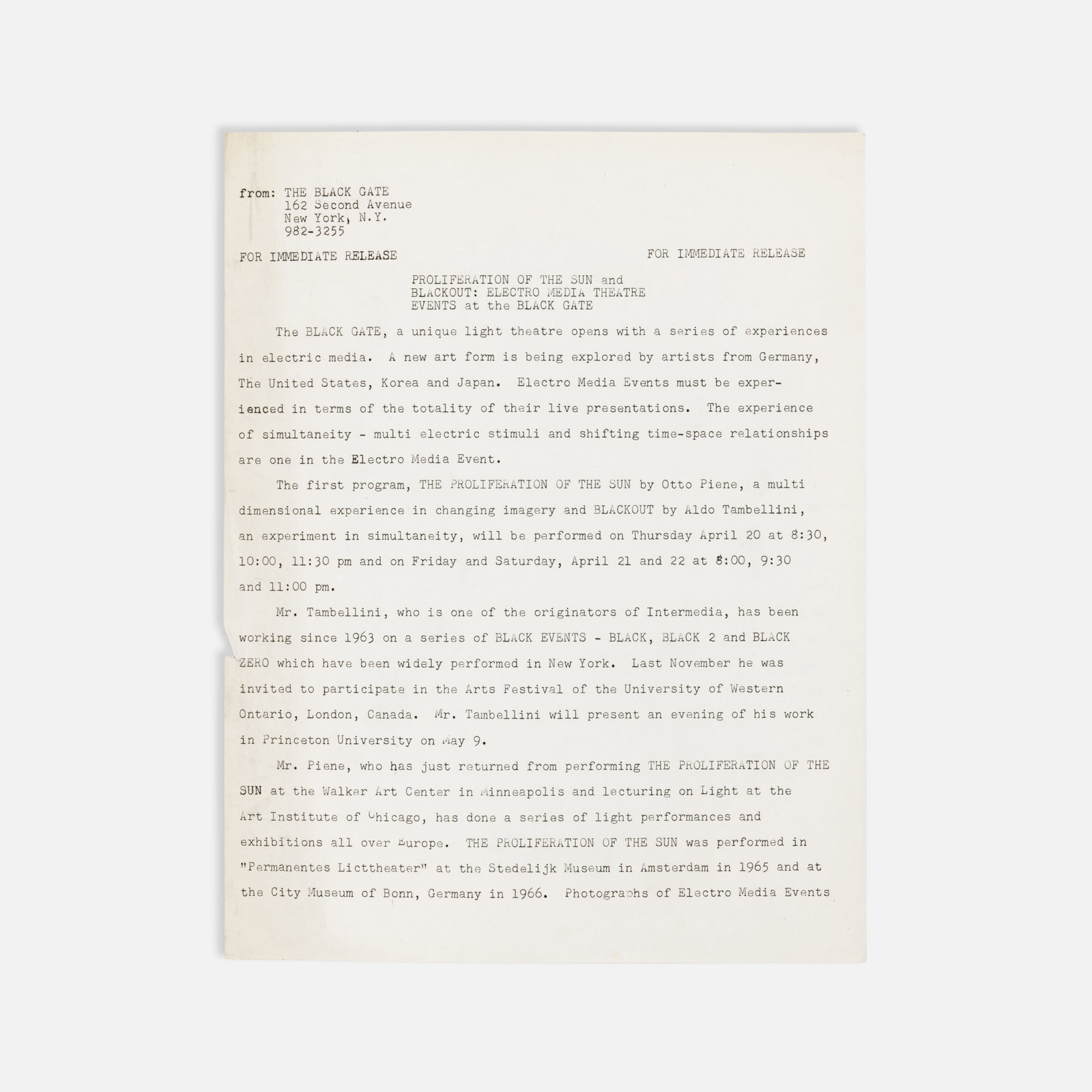 The Black Gate, Electro Media Theatre, Proliferation of The Sun and Blackout, Press Release (1 of 1)