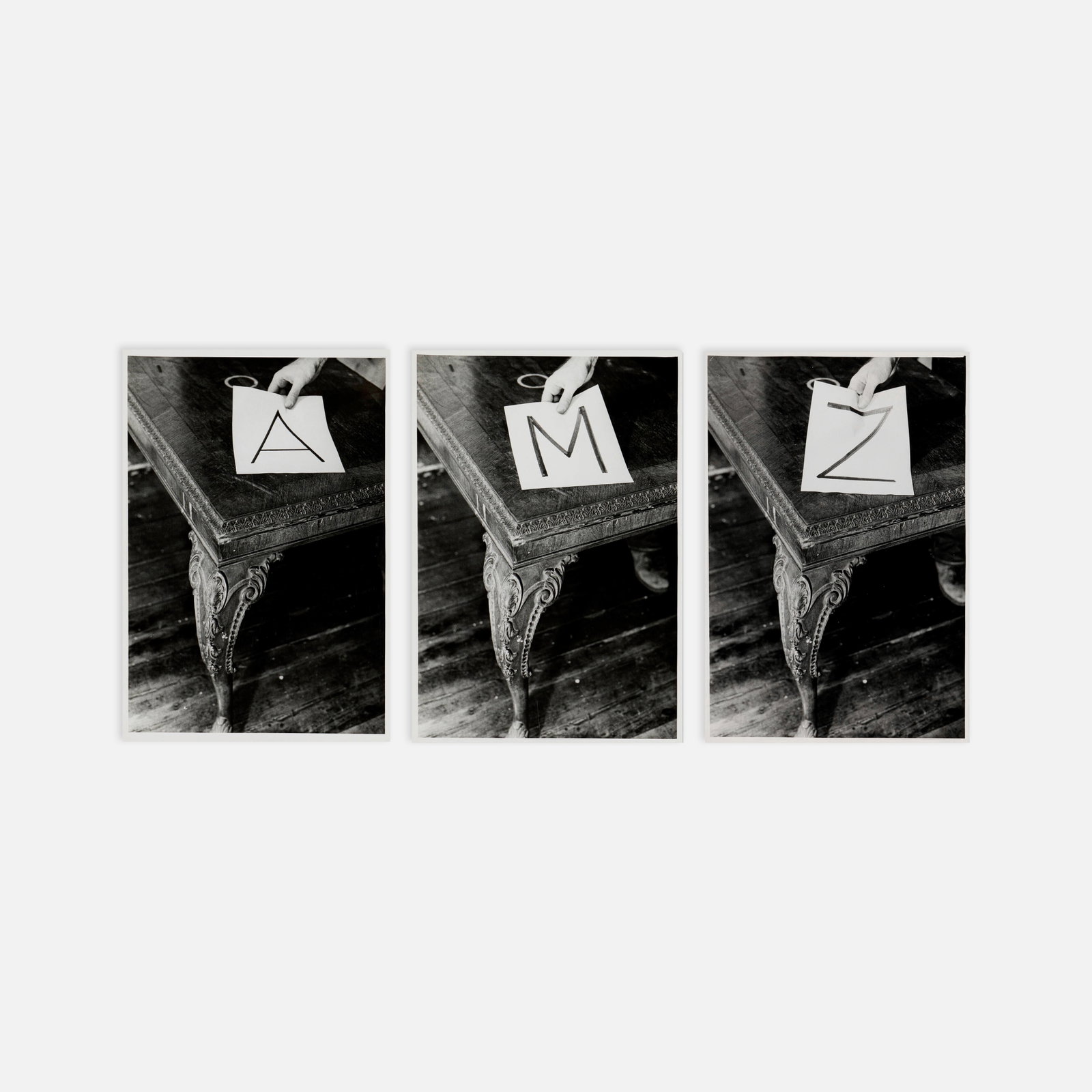 Vito Acconci, A Performance Situation Using Alphabets: n.p., 1968 image (each): 9 3/8" x 6 3/8" sheet (each): 9 7/8" x 6 7/8" gelatin silver prints Triptych, A Performance Situation Using Alphabets. Signed, titled, and dated to verso of each: [34 1968 VA