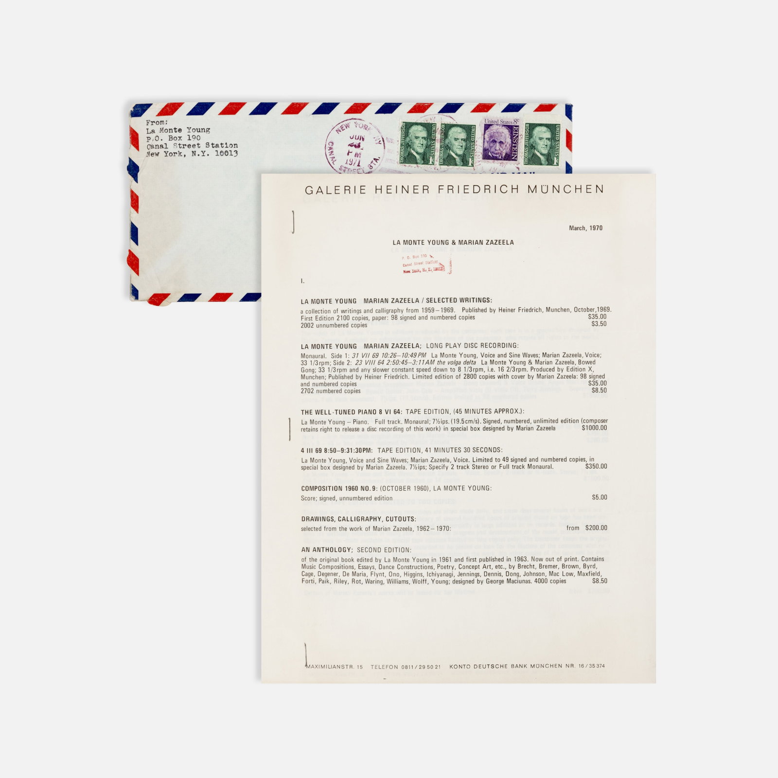 La Monte Young, Marian Zazeela, Price List: Munich, 1970 11" x 8 1/2" offset print, stamped, with typewritten and holograph amendments Price list for books and records by La Monte Young and Marian Zazeela, issued by Galerie Heiner Friedrich,