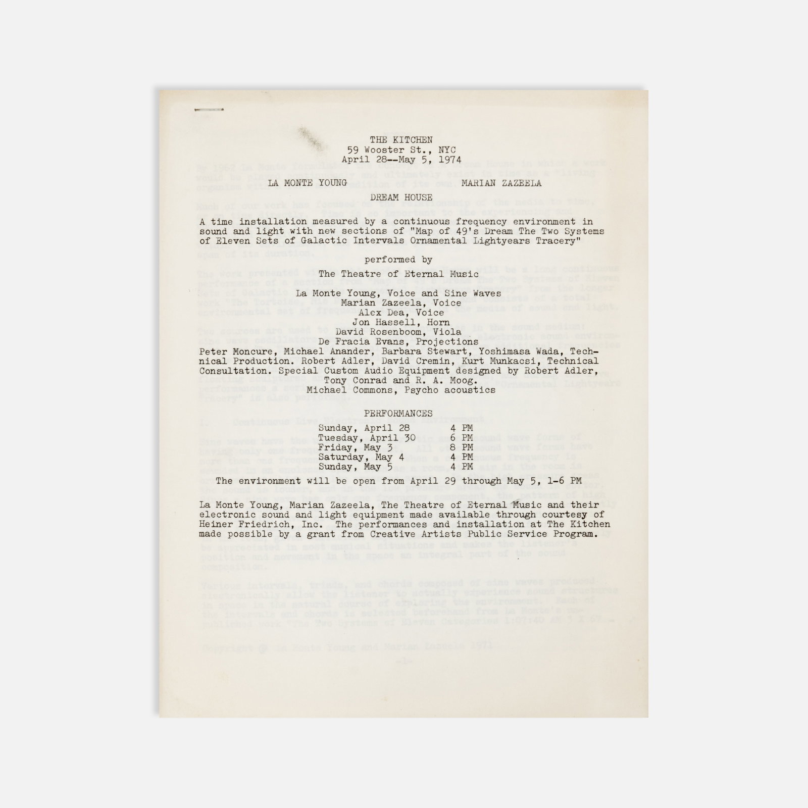 La Monte Young, Marian Zazeela, Dream House, Press Release: New York, 1974 11" x 8 1/2" offset print Press release for La Monte Young and Marian Zazeela’s Dream House, a time installation measured by a continuous environment of sound and light, at 59