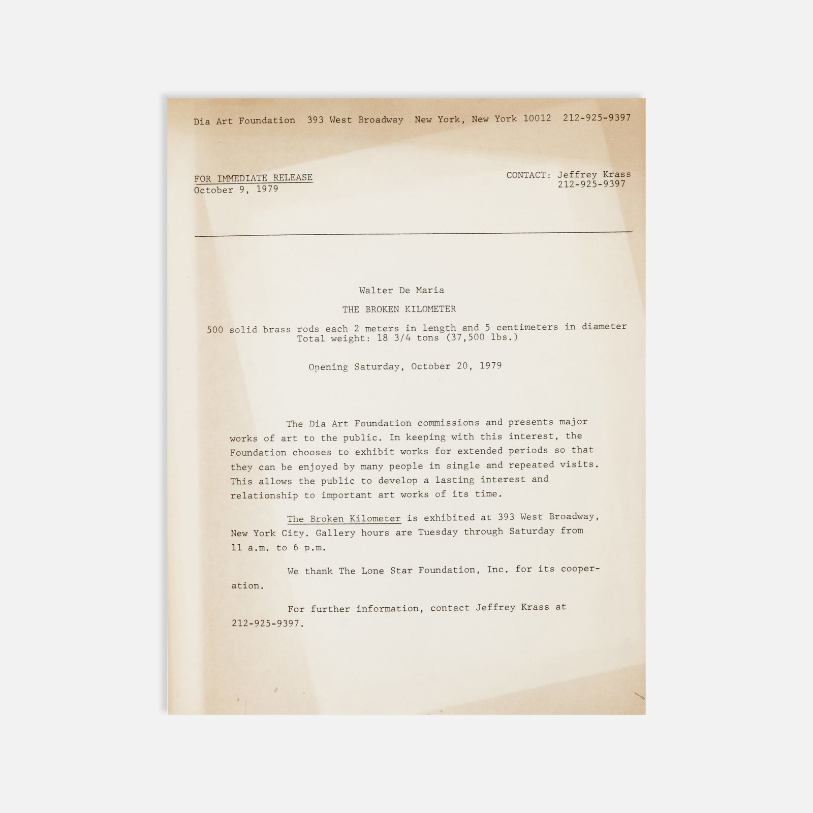 Walter De Maria, Dia Art Foundation, Press Release: New York, 1979 11" x 8 1/2" offset print Press release for Walter De Maria’s The Broken Kilometer, a site-specific work composed of 500 solid brass rods, each 2 meters in length and 5 centimeters in