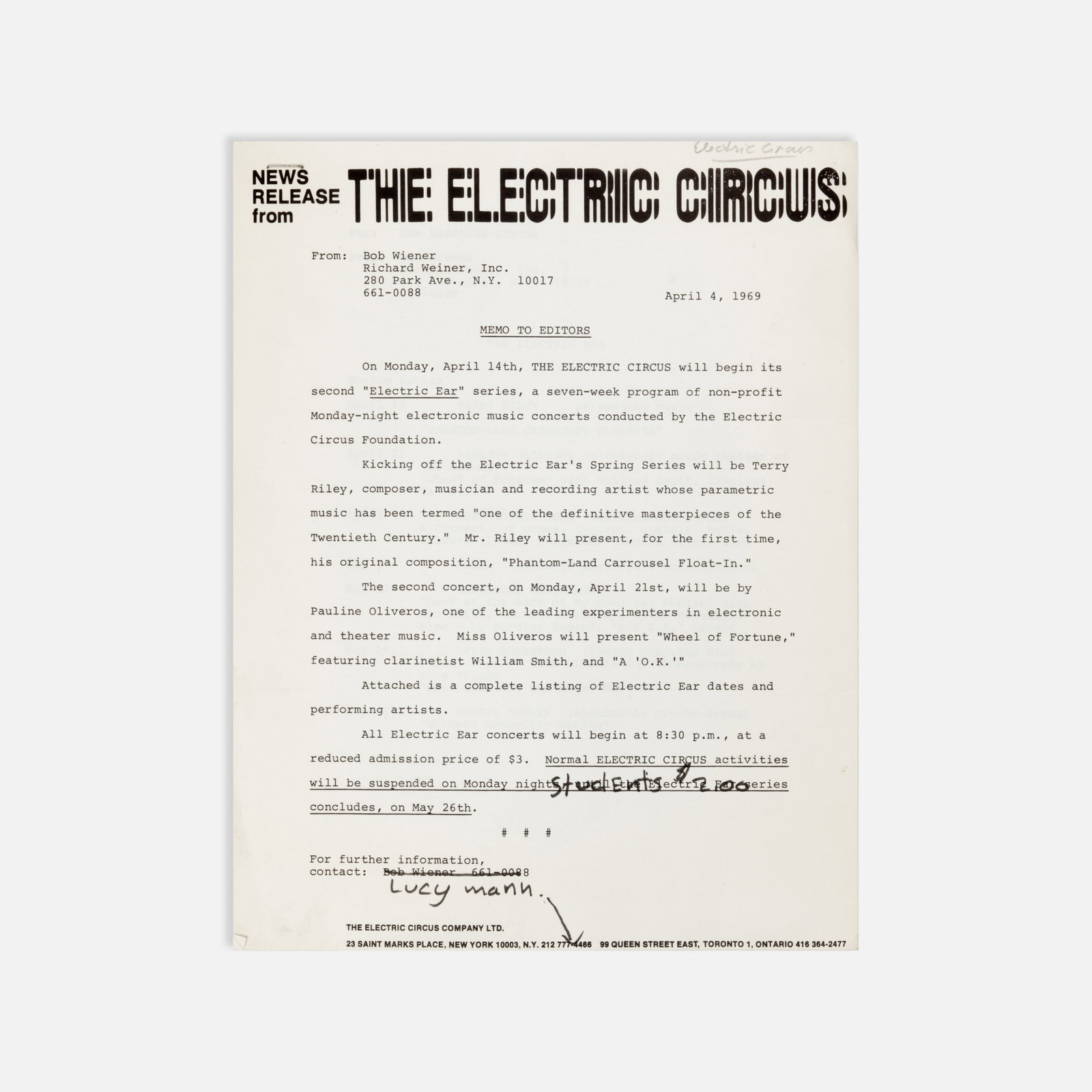 The Electric Circus Company Ltd., Press Release: New York, 1969 11" x 8 1/2" offset print Press release for a seven-week program of non-profit Monday-night electronic music concerts at The Electric Circus, April 1969. Participants included Terry