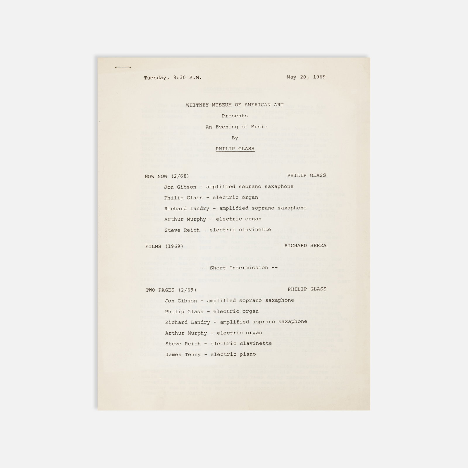 Philip Glass, Whitney Museum, Program (1 of 1)