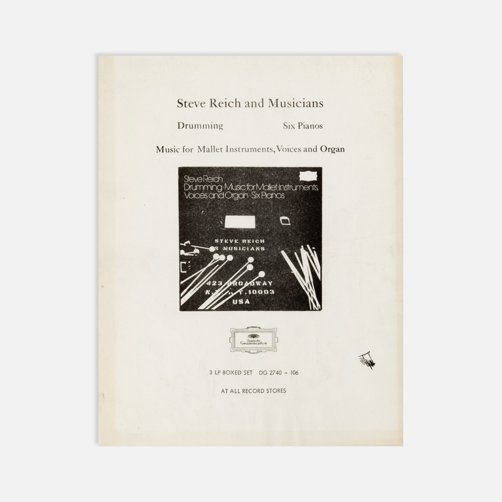 Steve Reich, Drumming/Music for Mallet Instruments/Six Pianos, Flyer: New York, 1974 11" x 8 1/2" offset print Flyer advertising Steve Reich’s 3-LP boxed set Drumming / Music for Mallet Instruments, Voices and Organ / Six Pianos, issued by Deutsche Grammophon in