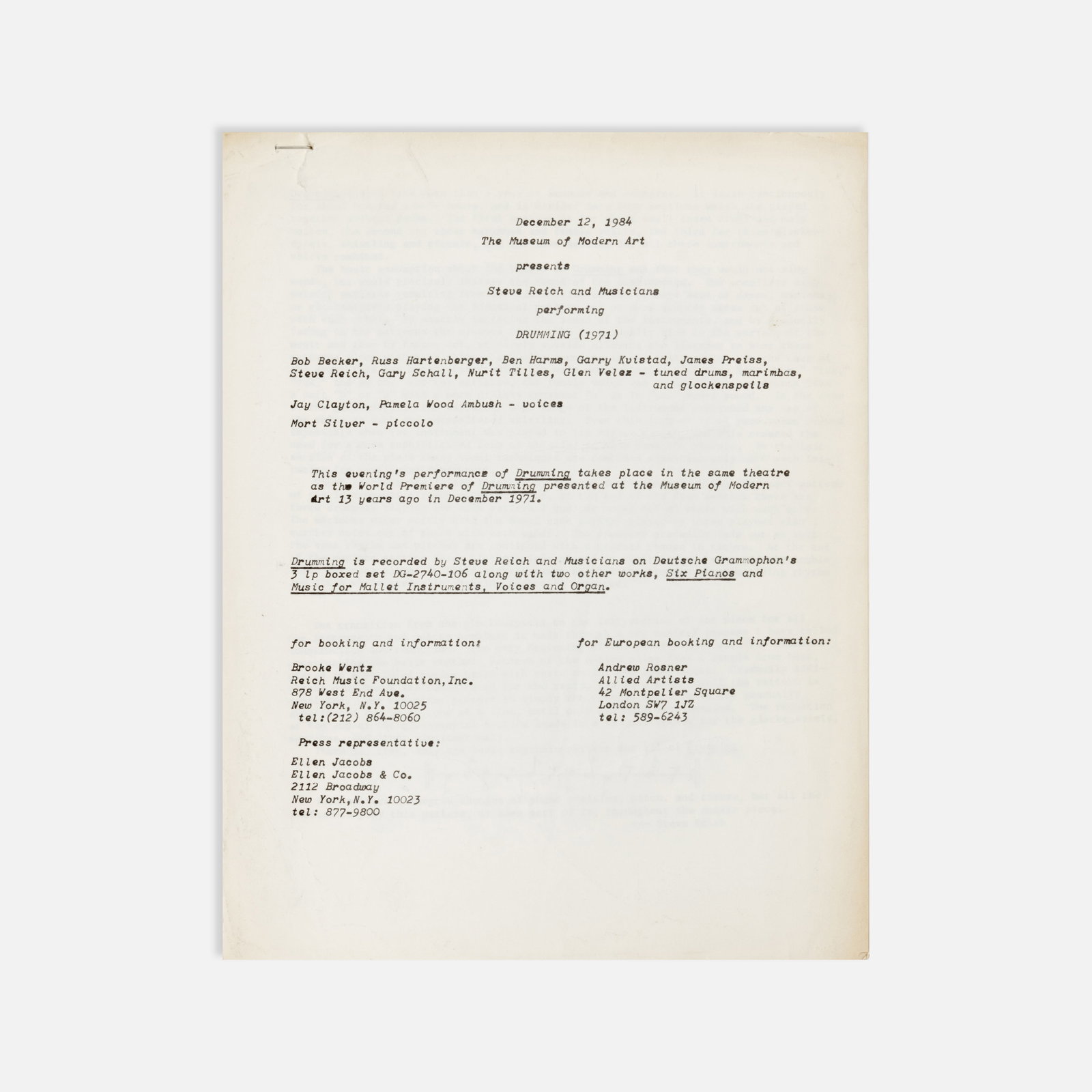 Steve Reich, Museum of Modern Art, Drumming, Program: New York, 1984 11" x 8 1/2" offset print Four-page stapled program with artist biography for the December 12, 1984 performance of Steve Reich’s Drumming at the Museum of Modern Art, in the same