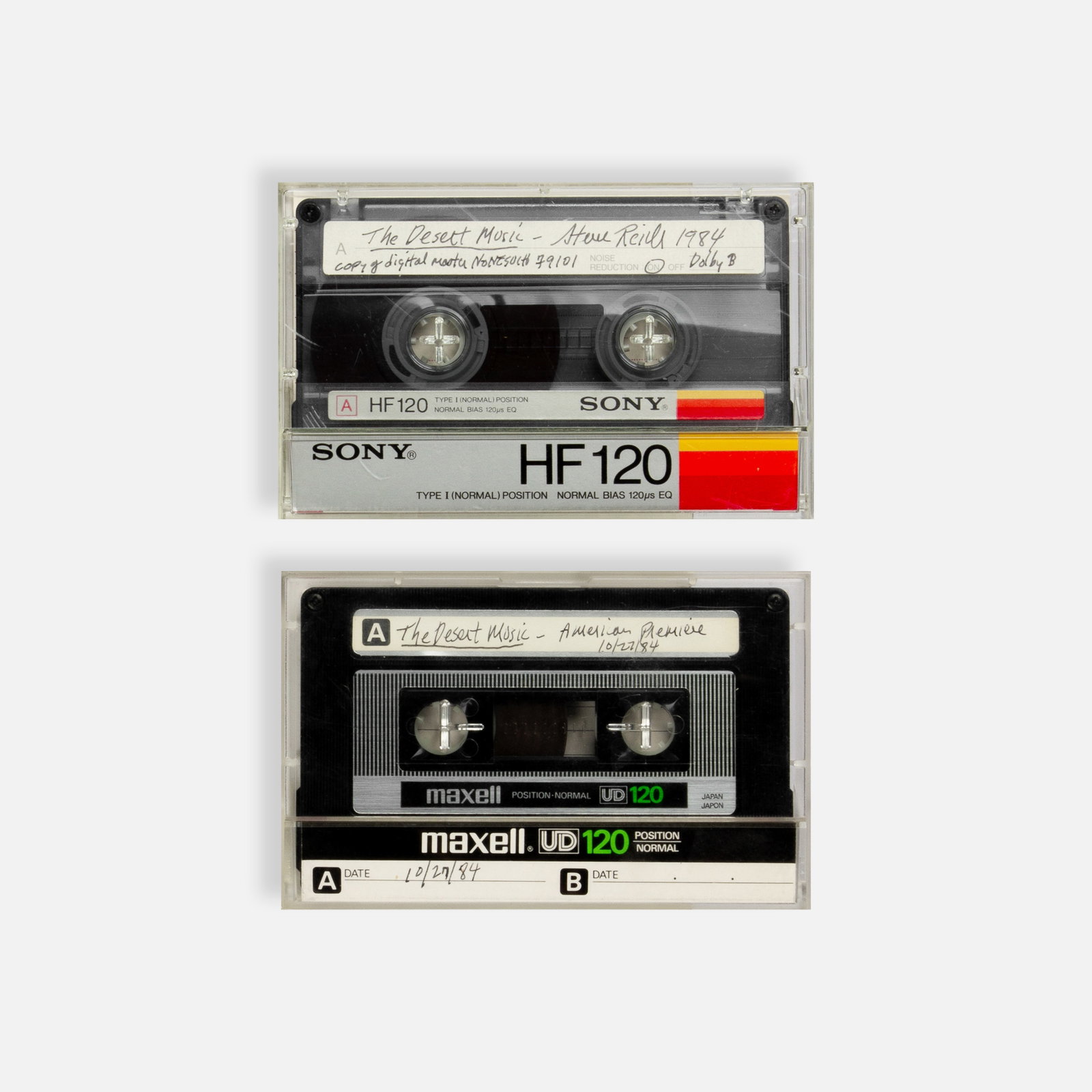 Steve Reich, The Desert Music, Tapes Made and Signed by Reich: New York, 1985 4 1/4" x 2 3/4" plastic, magnetic tape Two cassette tapes made, inscribed, and signed by Steve Reich for Sydney and Frances Lewis. One is a recording of the live American premiere of