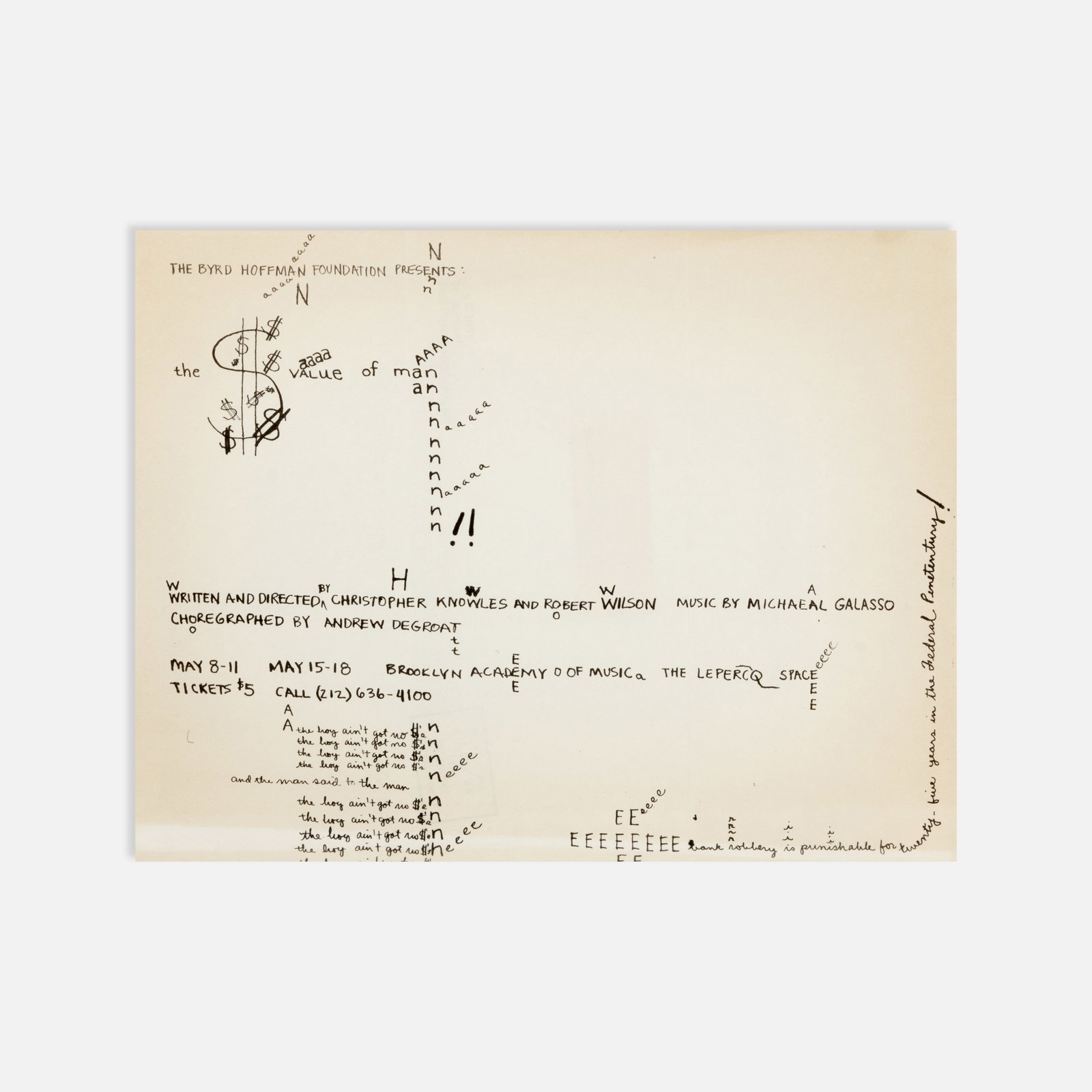 Robert Wilson and Christopher Knowles, The $ Value of Man, Flyer (1 of 1)