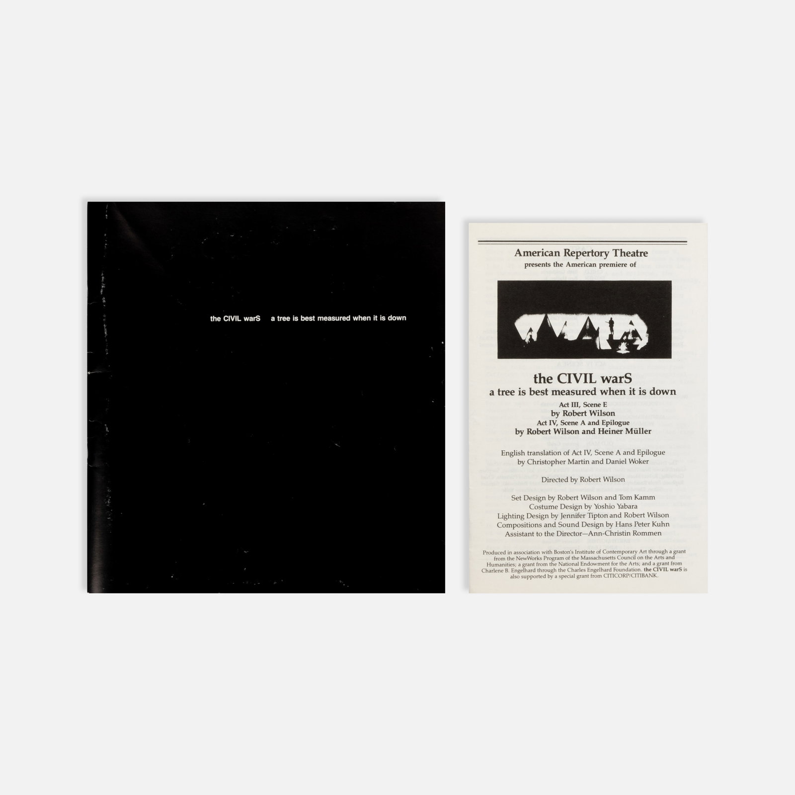 Robert Wilson, American Repertory Theatre, the CIVIL warS, Program and Commemorative Publication: Boston, 1984–85 largest 9" x 8 1/4" offset print Program and commemorative publication for the American Repertory Theatre’s U.S. premiere of Robert Wilson’s the CIVIL warS: a tree is best