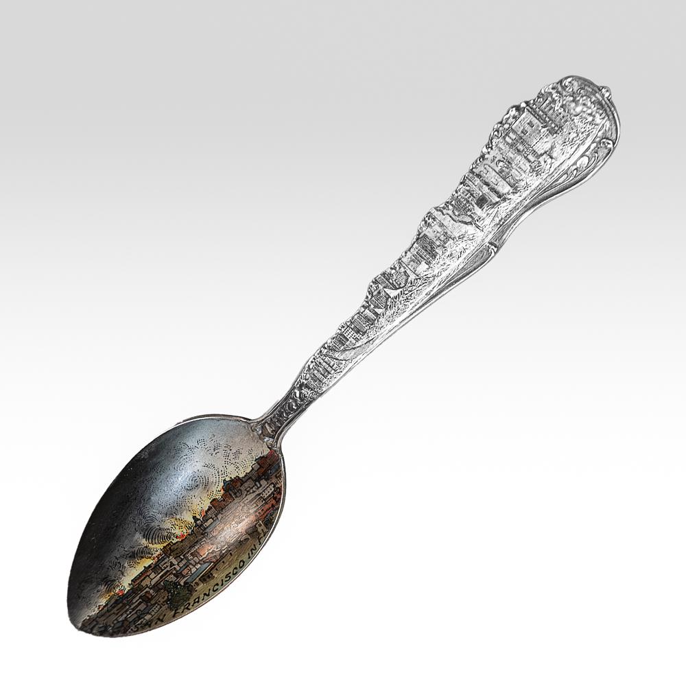 Rare San Francisco in flames sterling souvenir spoon: A sterling silver spoon by Watson circa 1906. Hallmarked. Front of bowl reads San Francisco in flames. Verso is inscribed Great San Francisco Fire - April 18th 1906 beautiful enamel bowl, back is gild