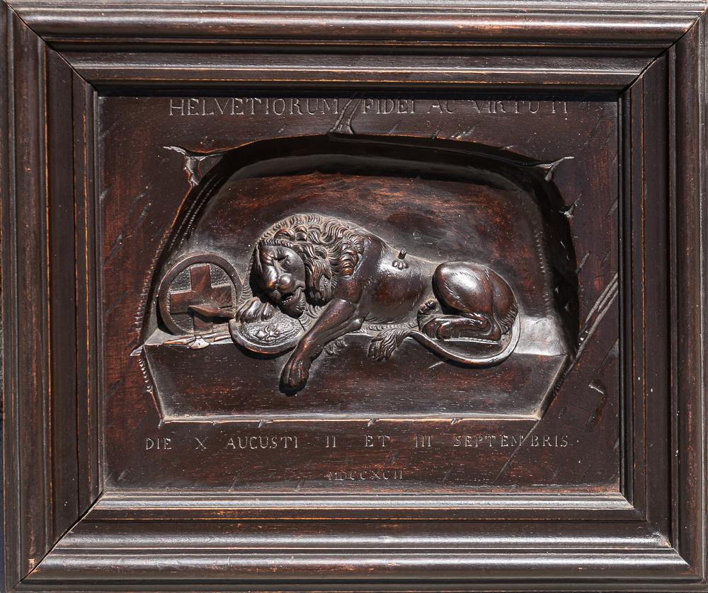 Antique Swiss lion of Lucerne deeply carved wood relief: This 19th century relief commemorates the Swiss Guards who were massacred in 1792 during the French Revolution. Beautiful, fine, deep carving. unsigned Dimensions: 14 x 17" Weight: 3 lbs. 15 oz.