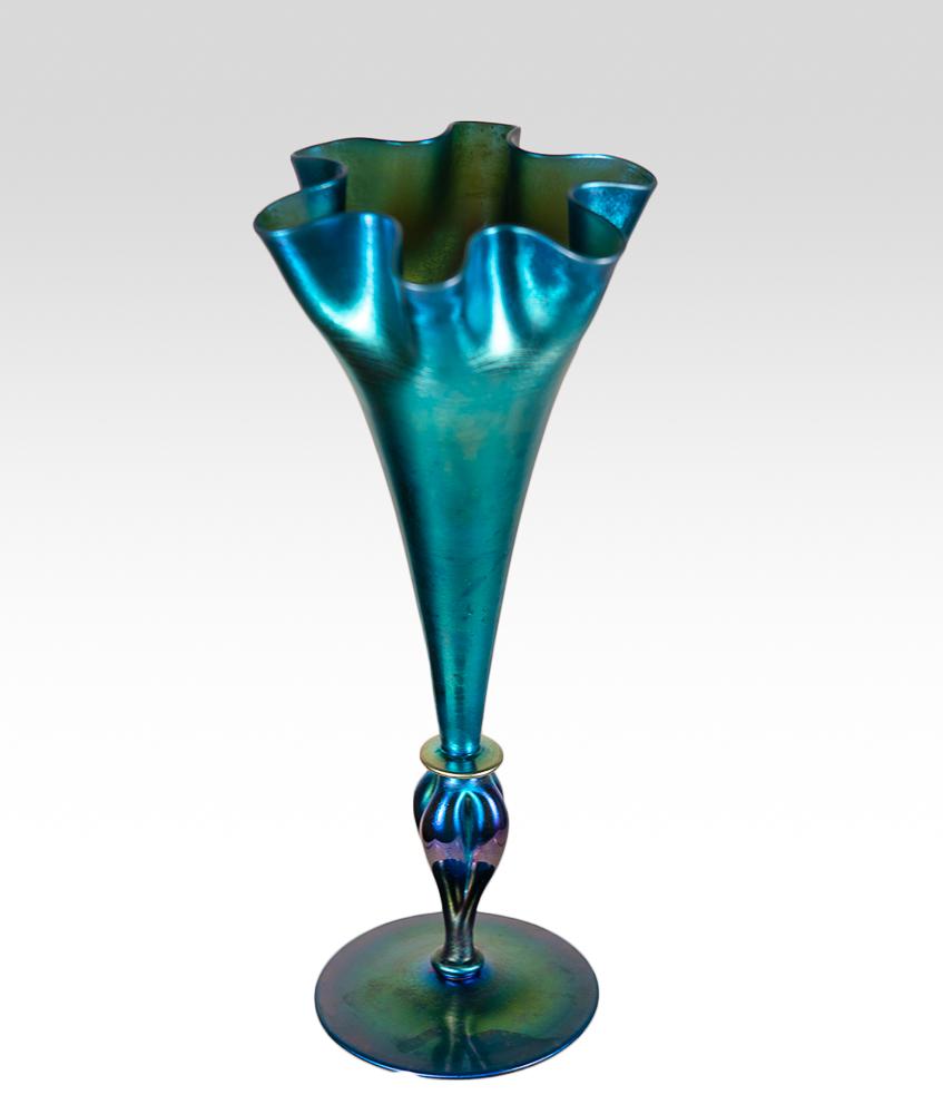 Large Steuben Blue Aurene vase with ruffled top (1 of 7)