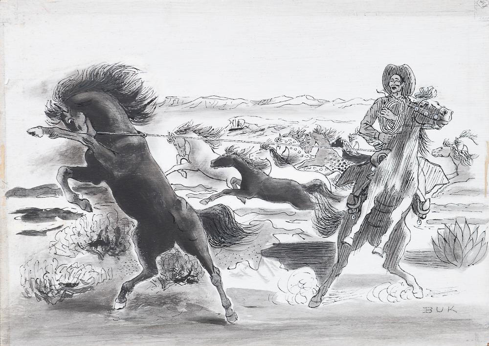 Eduard Buk Ulreich (American, 1889-1966) painting of: original for two apparent illustrations, copy attached to verso of plywood signed BUK Dimensions: 18 x 24 & 3/8" Weight: 2 lbs.