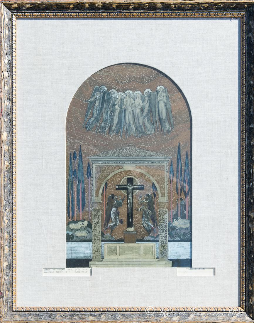 Millard Sheets painting for Wallace Neff: Presentation gouache for Precious Love Catholic Church, Los Angeles, 1951. Mosaic commissioned by architect Wallace Neff. Signed by Millard Sheets and titled. Dimensions: 19 x 12" visual image overall