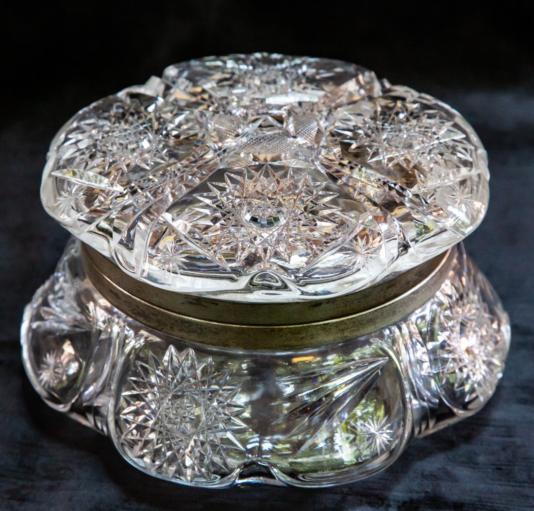 Giant Cut Glass Blown Out Jewelry Box - Monroe: This giant box was likely cut by C.F. Monroe. It is on an extraordinarily large piece and unsual in that it is blown out.2584