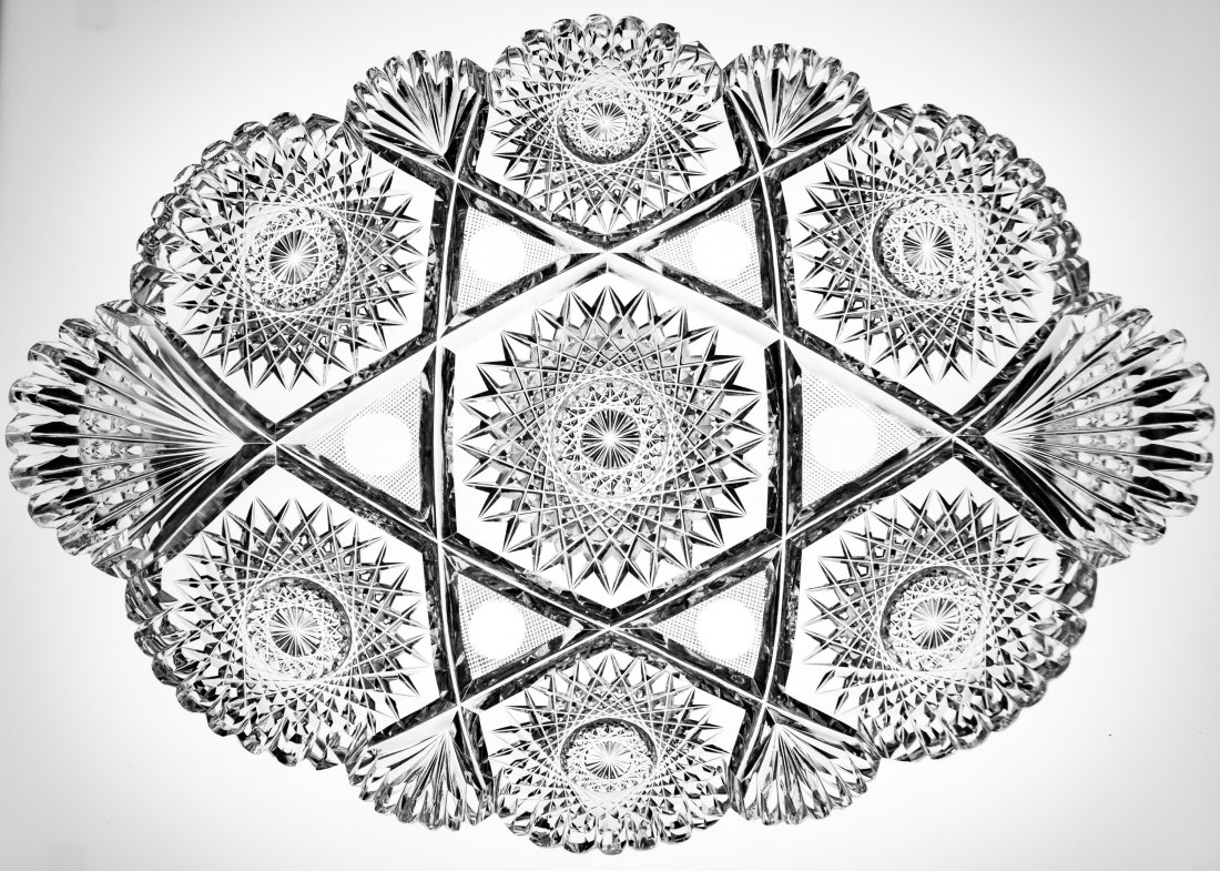 Monroe? American Brilliant Cut Glass Tray: Very nice quality tray - attributable to Monroe by the motifs used, but not identifiable at present. Excellent, clear blank with unusual punties in center of crosshatched fields.2412