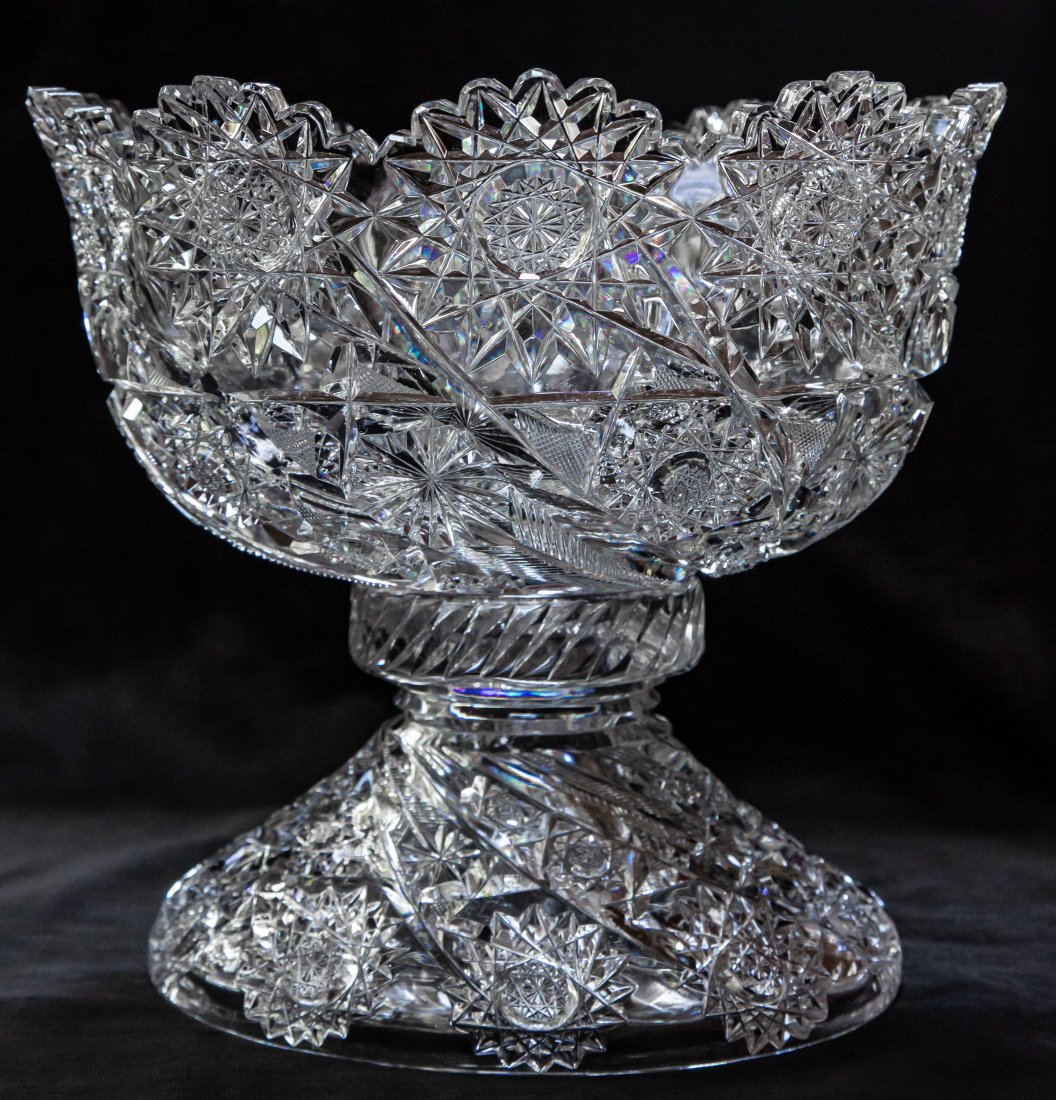 Rare Libbey Comet Cut Glass Punch Bowl: This punch bowl is cut in a slight variation of Libbey's comet pattern. The difference is in teh hobstars - comet features flashed, Florence style hobstars at the edge and the other hobstars in the ch