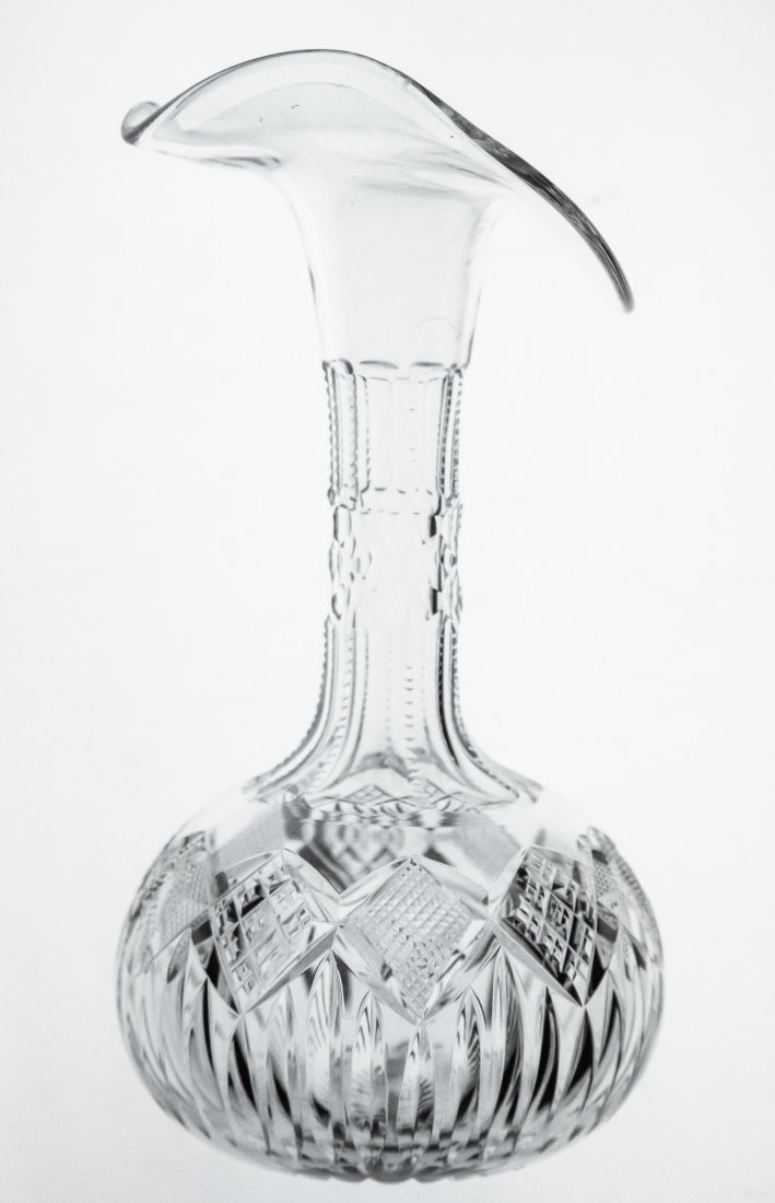 Pitkin and Brooks Jack in the Pulpit Cut Glass Vase: Great, unusual shape. Cut by Pitkin & Brooks in their Prism design. Top is symmetrical head on, but asymmetrical from the side. Incredible form and care to put honeycomb on the neck.1626