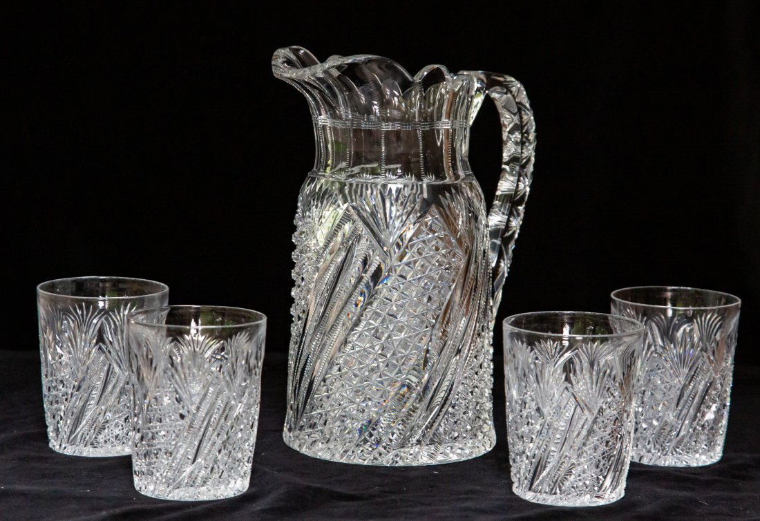 J. Hoare Swirling Pitcher and Tumbler Cut Glass Set (1 of 6)