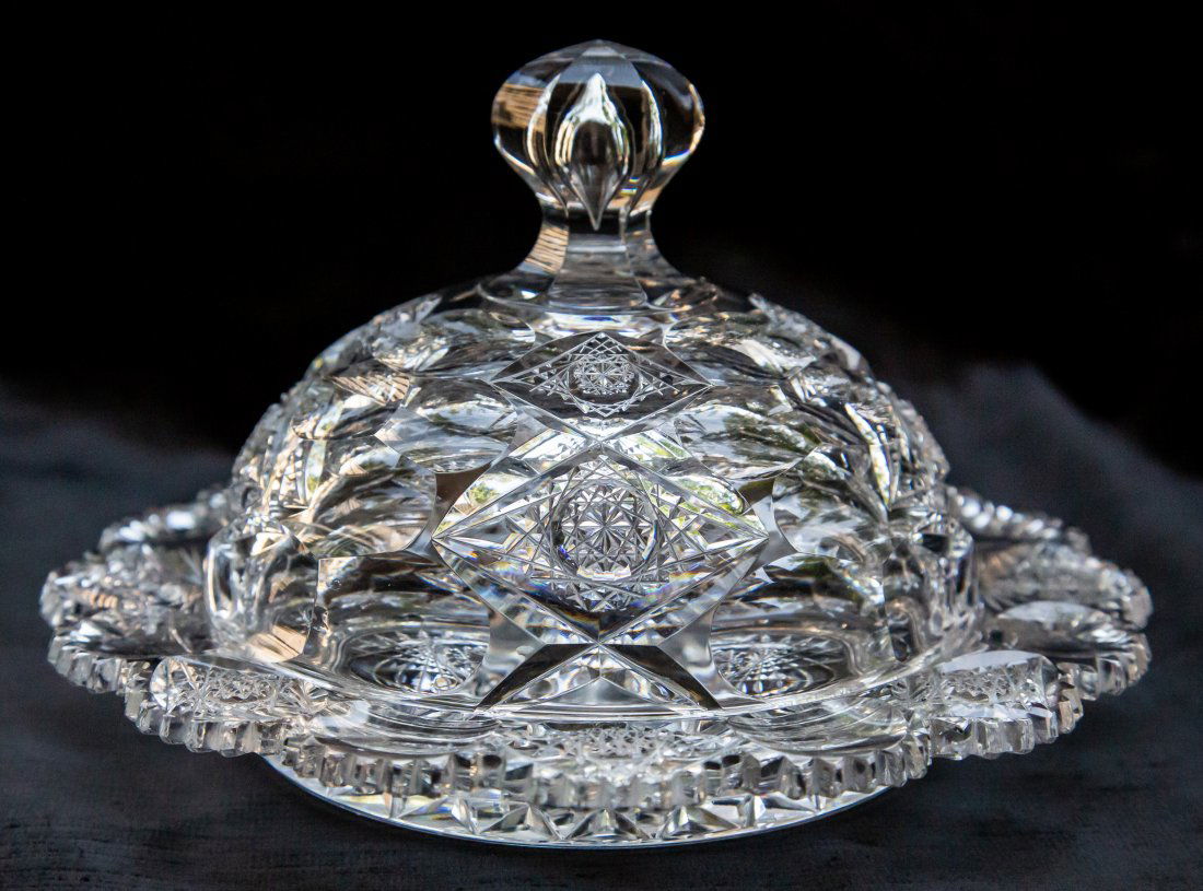Rare Hawkes Queens Brilliant Cut Glass Butter Dish (1 of 5)