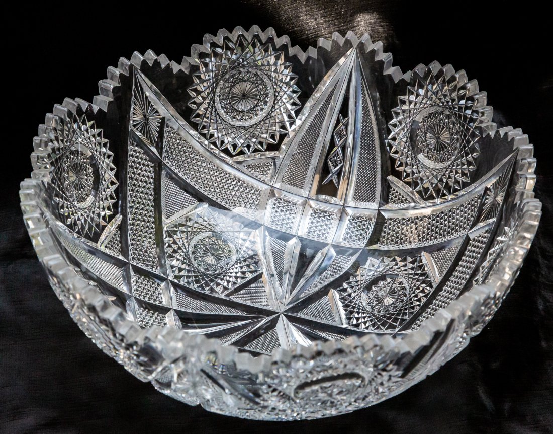 Clark Holland American Brilliant Cut Glass Punch Bowl: Holland is one of Clark’s best patterns – featuring clear tusk cutting and an extremely aesthetic layout.The Holland design features a large hobnail triangle running through the whole pattern. Eac