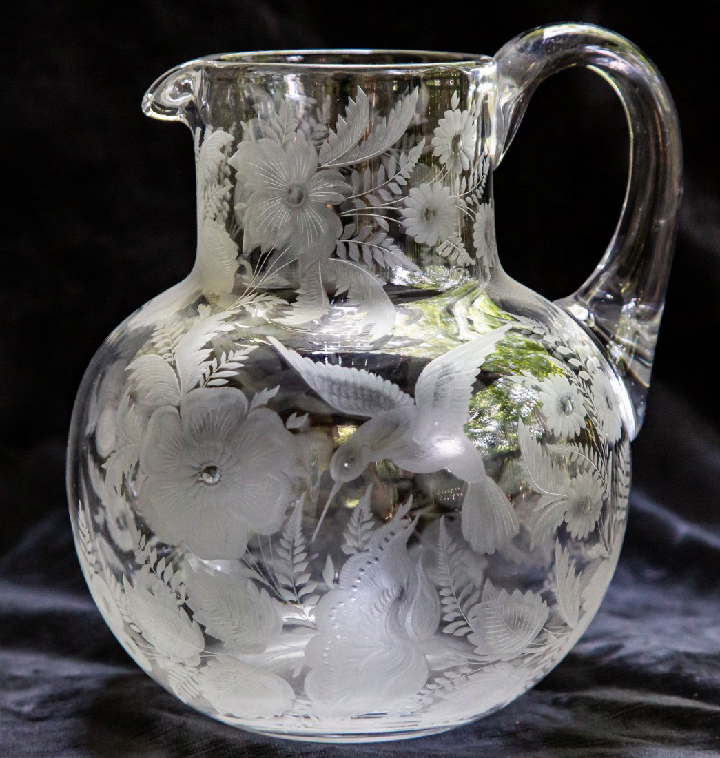 Incredible Engraved Pitcher w/ Hummingbirds Cut Glass (1 of 4)
