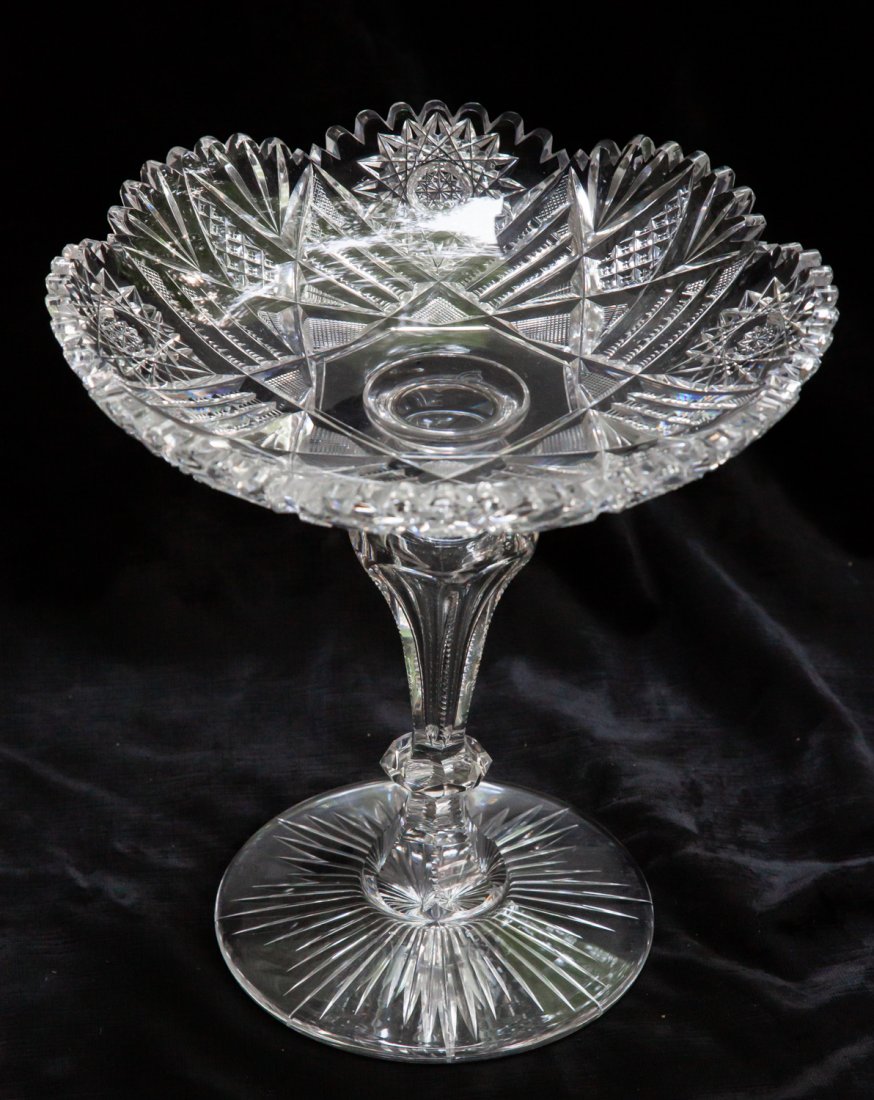Elegant Libbey Cake Plate/Compote Brilliant Cut Glass: I find this to be one of the most elegant blanks in cut glass - look at that air trapped stem! This exact piece is shown and Libbey advertisements (usually a sign of a piece they were proud of) and is