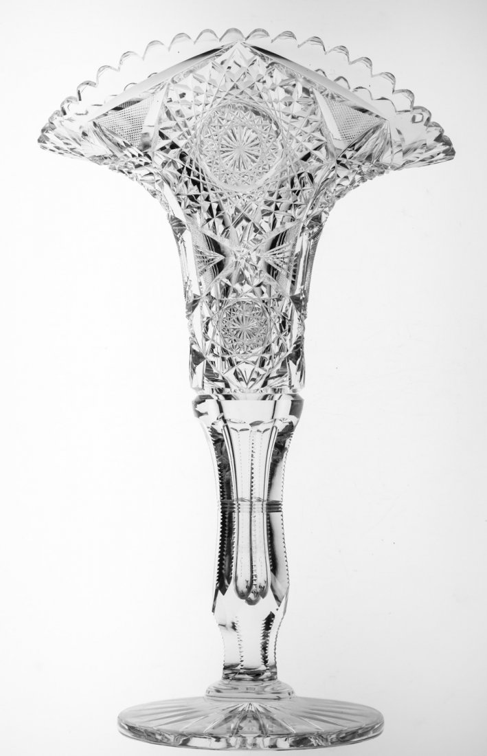 Unusual American Brilliant Cut Glass Fan Vase: Attributed to J. Hoare - great, unusual shape with a variety of motifs.