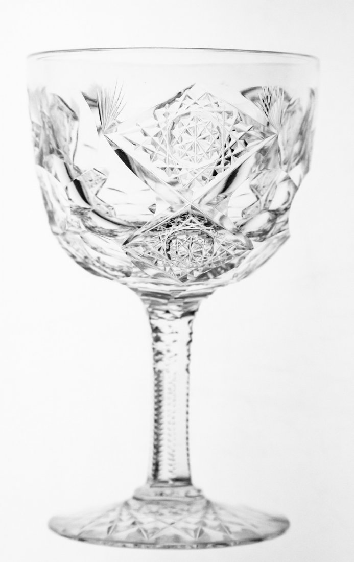 Hawkes Queens AmericanBrilliant Cut Glass Red Wine Stem: This lot is for a (1) red wine stem by Hawkes in their ever popular Queens design. Amazing optical effect on a stem. All pieces are signed with the trefoil logo or the word Hawkes. The red wine. The r