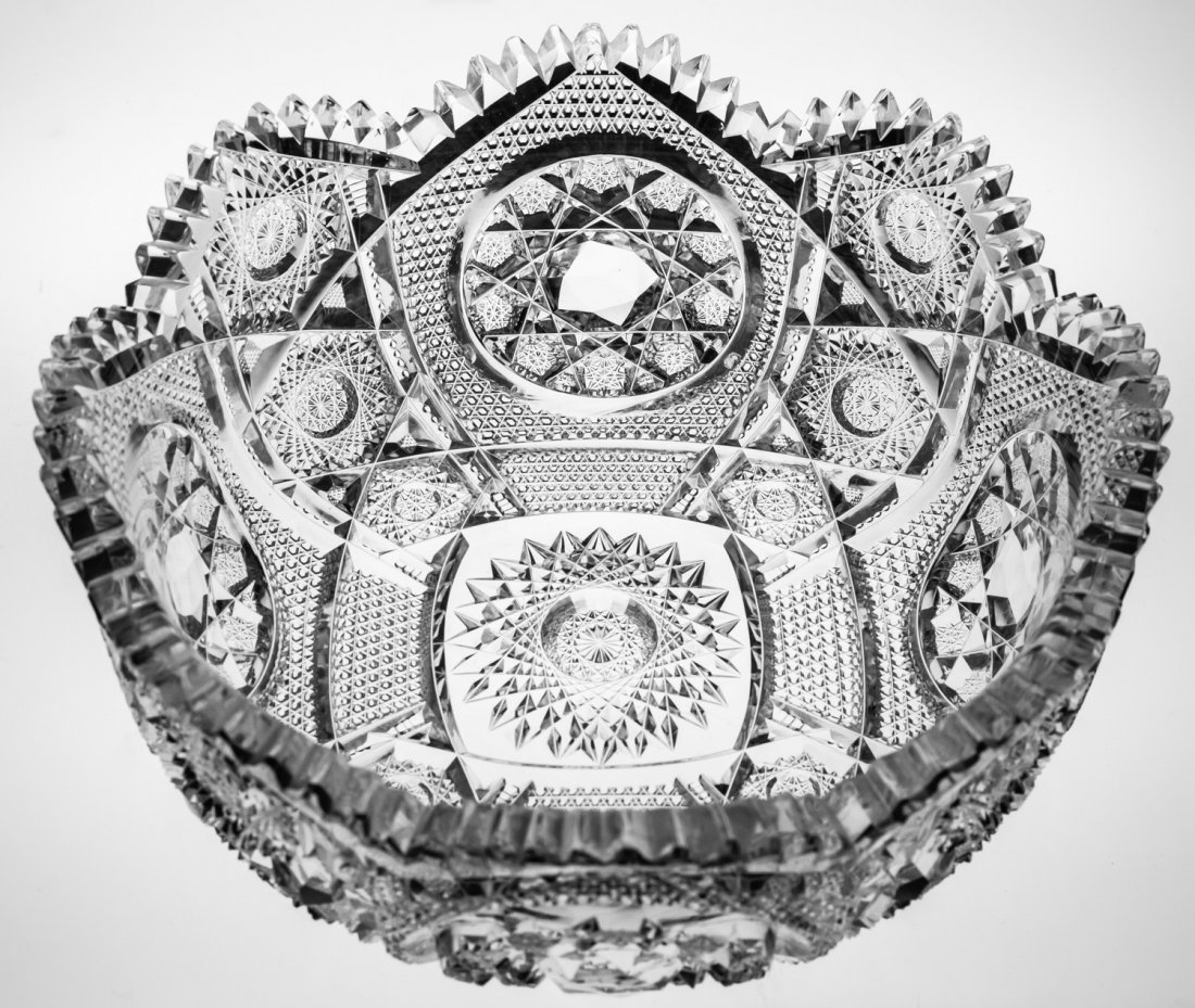 Rare Clark Waldorf Deep Brilliant Cut Glass Bowl: This bowl is cut in one of the premier designs of the Brilliant Period – Waldorf (aka Quatrefoil & Rosettes) by T.B. Clark. It medallions with a lapidary center Â– a motif done almost solely by C