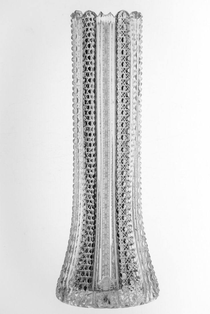 Unusual Stovepipe Cut Glass Vase with Variety of Motifs: Have never seen this design - features diamond-point hobnail bands alternating with cane bands and notched prism. Not the unusual rim at the top!