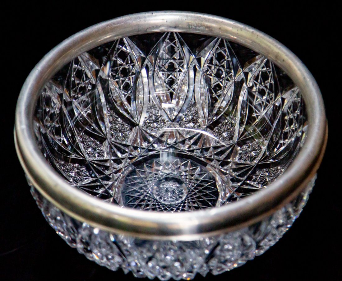 Gorham Silver Rimmed Brilliant Cut Glass Bowl: Unknown maker but with silver by Gorham