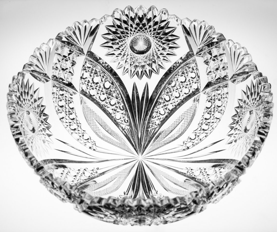 XL Clark Desdemona American Brilliant Cut Glass Bowl: Great, extra-large bowl cut by Clark in their Desdemona design. Old piece - wood wheel polished.
