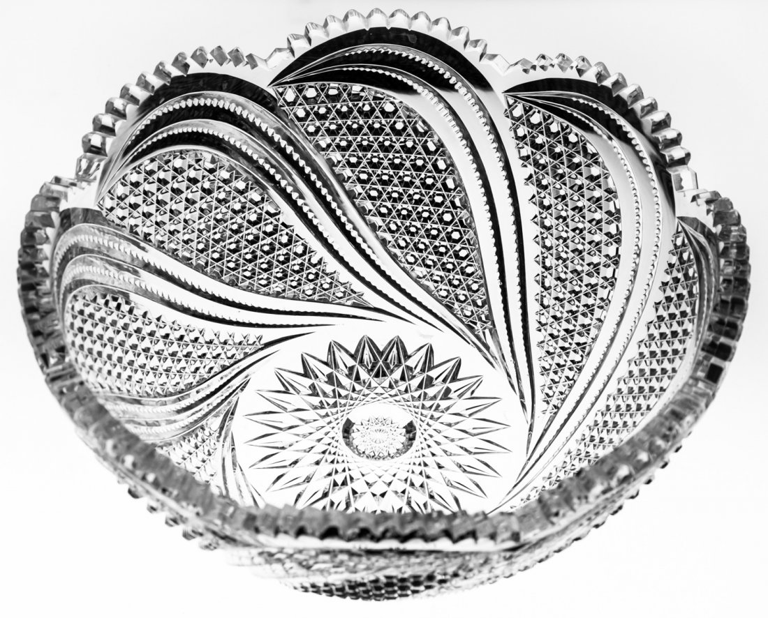 Beautiful Swirling Hobnail Brilliant Cut Glass Bowl: This beautiful piece was likely cut by Straus or Dorflinger in a spectacular swirling/comet hobnail design. The blank is very large and exceptionally clear.