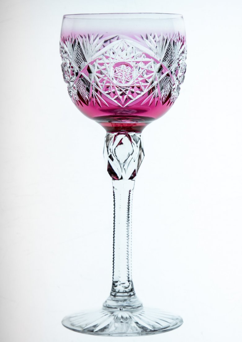 Cranberry Cut to Cleam Hock Wine Brilliant Cut Glass: Great stem in a double lozenge pattern similar to Libbey's Venetia featuring a huge lapidary, air-trap knob. Color is a cross between ruby and cranberry.