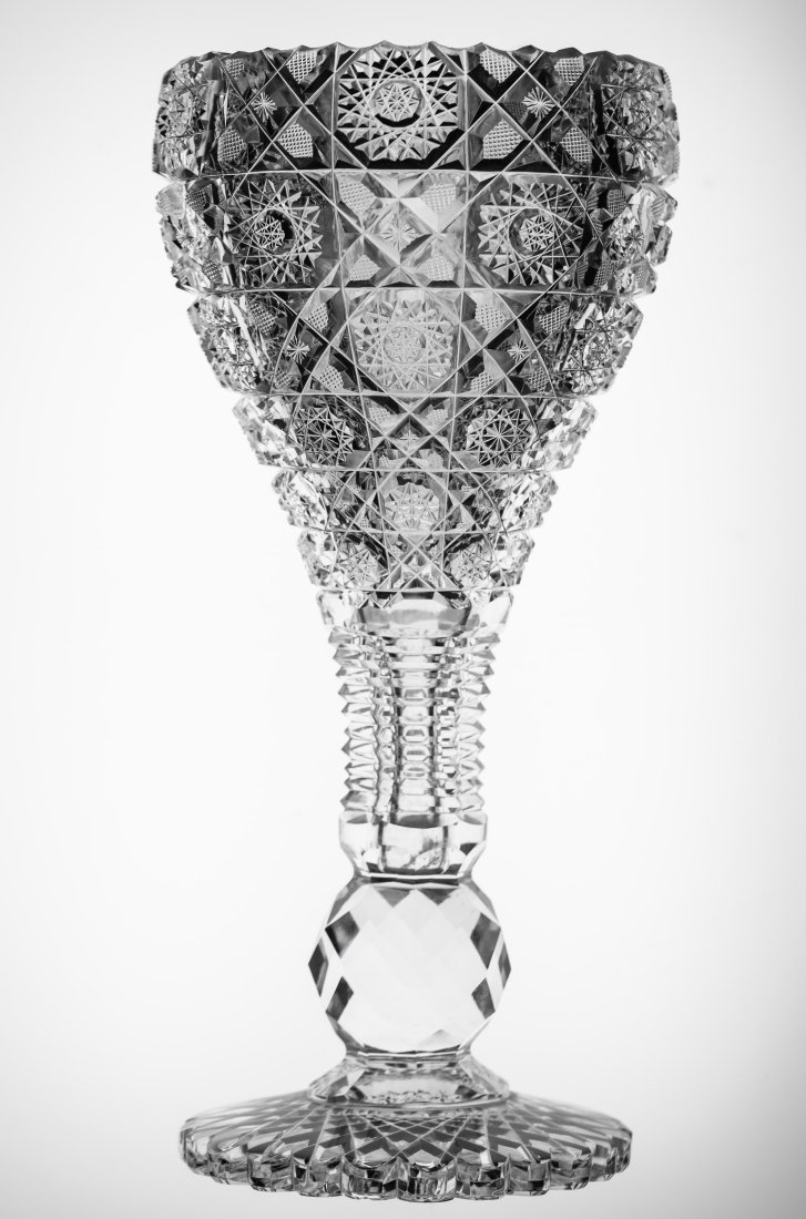 Tall Blackmer Sultana Chalice Vase Brilliant Cut Glass: This vase, has unfortunately, been cut down at some point in its life. It likely started as a 14" vase with teeth. The pattern is extremely sharp and the vase still elegant, but the rim is not origina