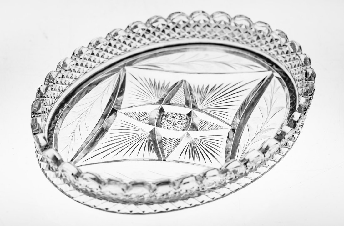Fry Brilliant Cut and Engraved Glass Card Tray: Neat little piece, signed Fry both cut and engraved.