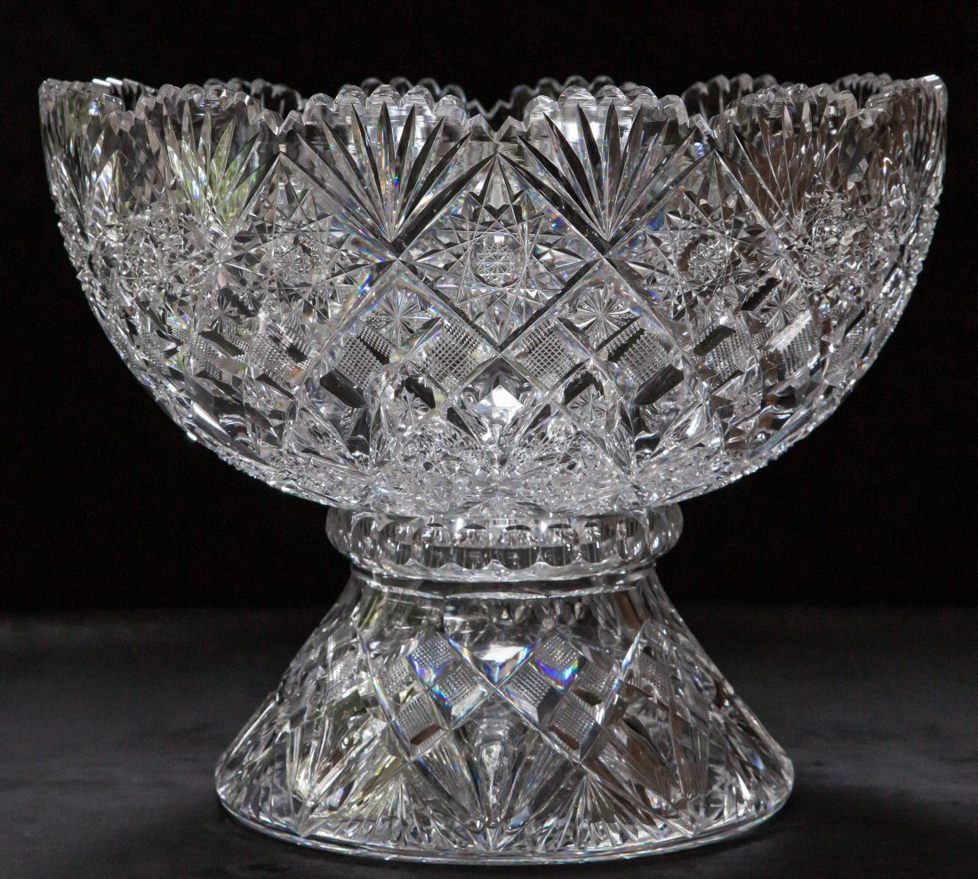 Incredible Clear Tusk Brilliant Cut Glass Punch Bowl: Only one other time have I seen an enclosed bottom punch bowl like this one. This is a unique piece and features a high-quality design including tons of clear tusk cutting!